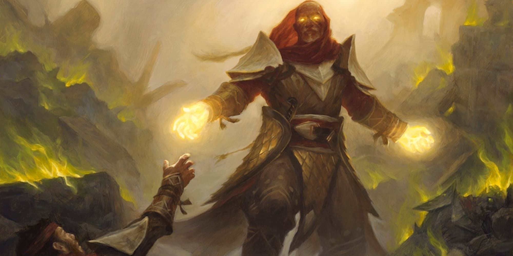 A cleric with glowing hands offering assistance to a fallen soldier