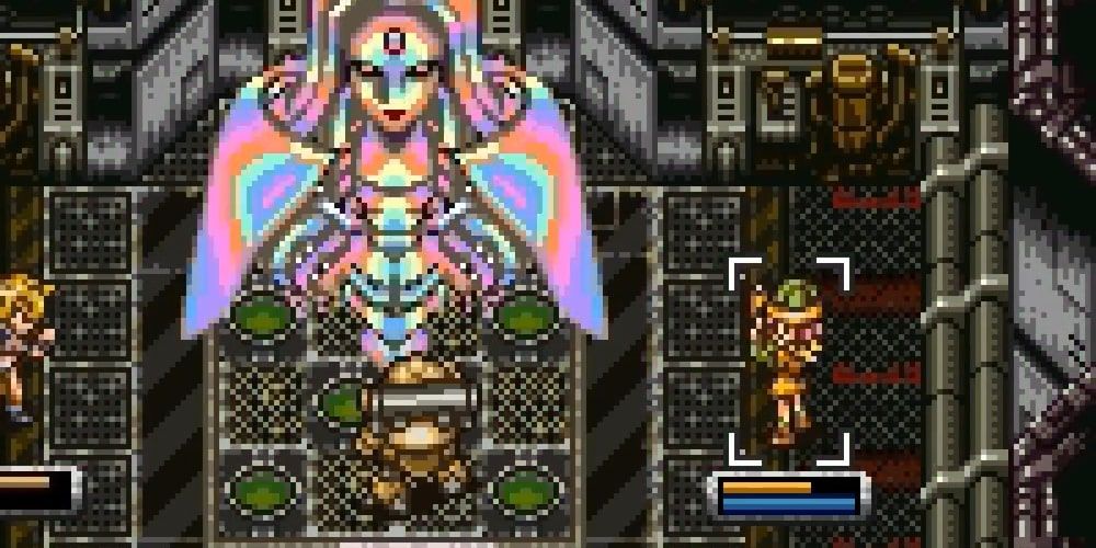 A screenshot of Ayla, Robo and Lucca fighting Mother Brain in Chrono Trigger.