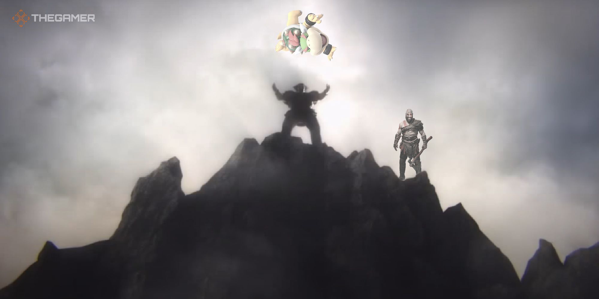 Heihachi throwing Bowser Jr off of a cliff with Kratos laughing