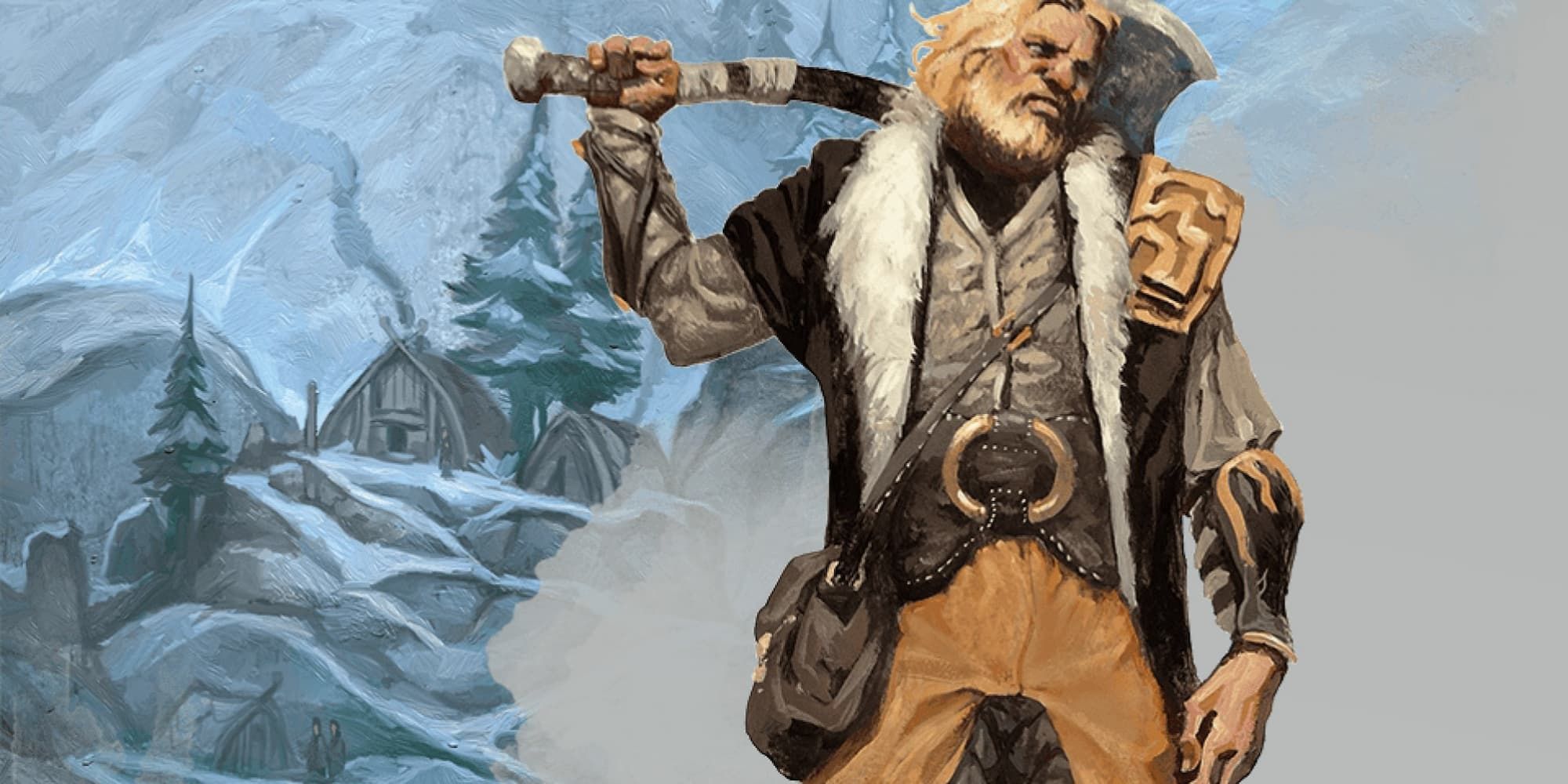 A human barbarian holding an axe over his shoulder, with a mountain village in the background