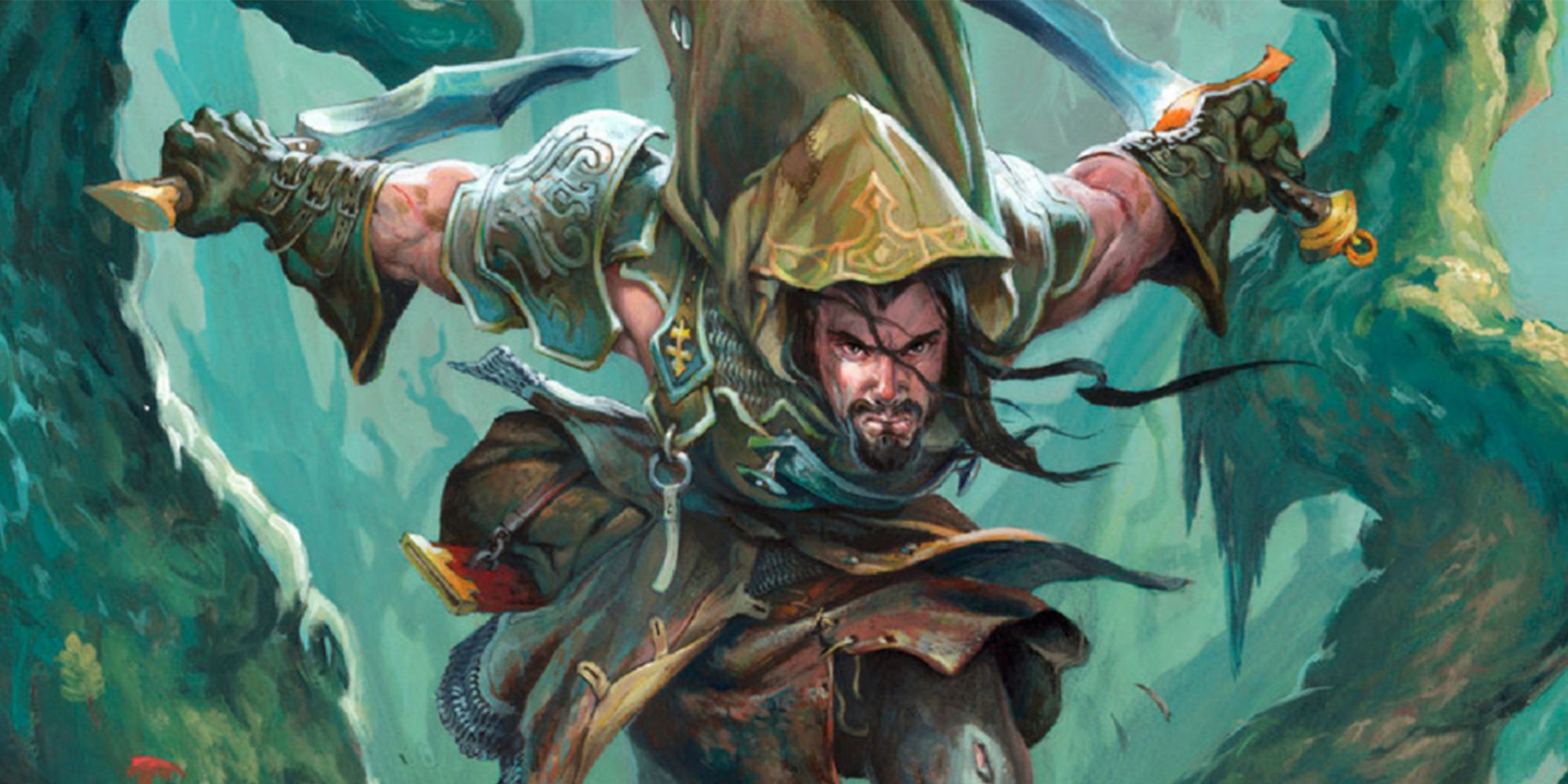 Rogue in green armor running with two daggers