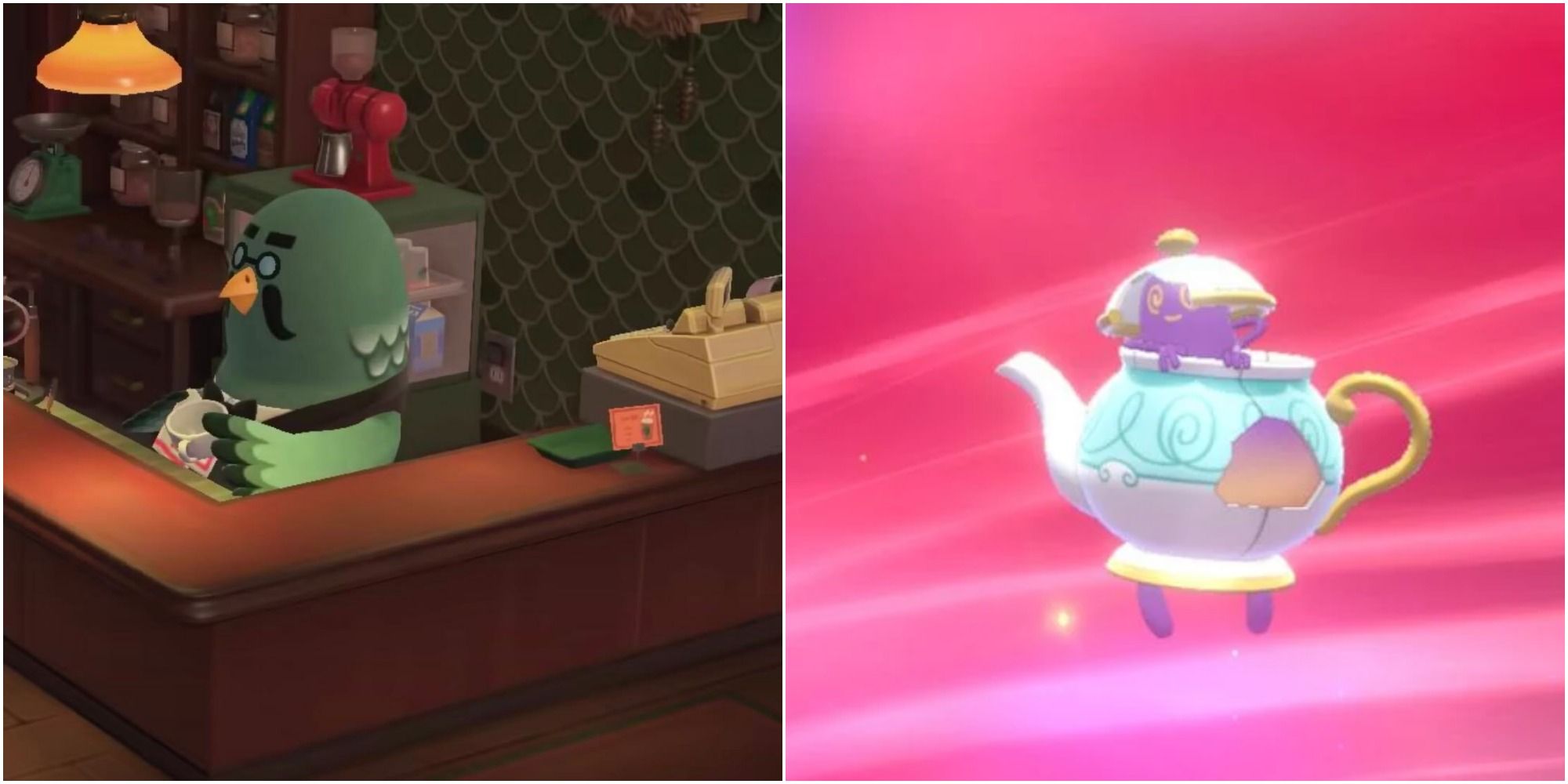 Split image screenshots of Brewster cleaning a cup of coffee in New Horizons and Polteageist in Pokemon Sword and Shield.