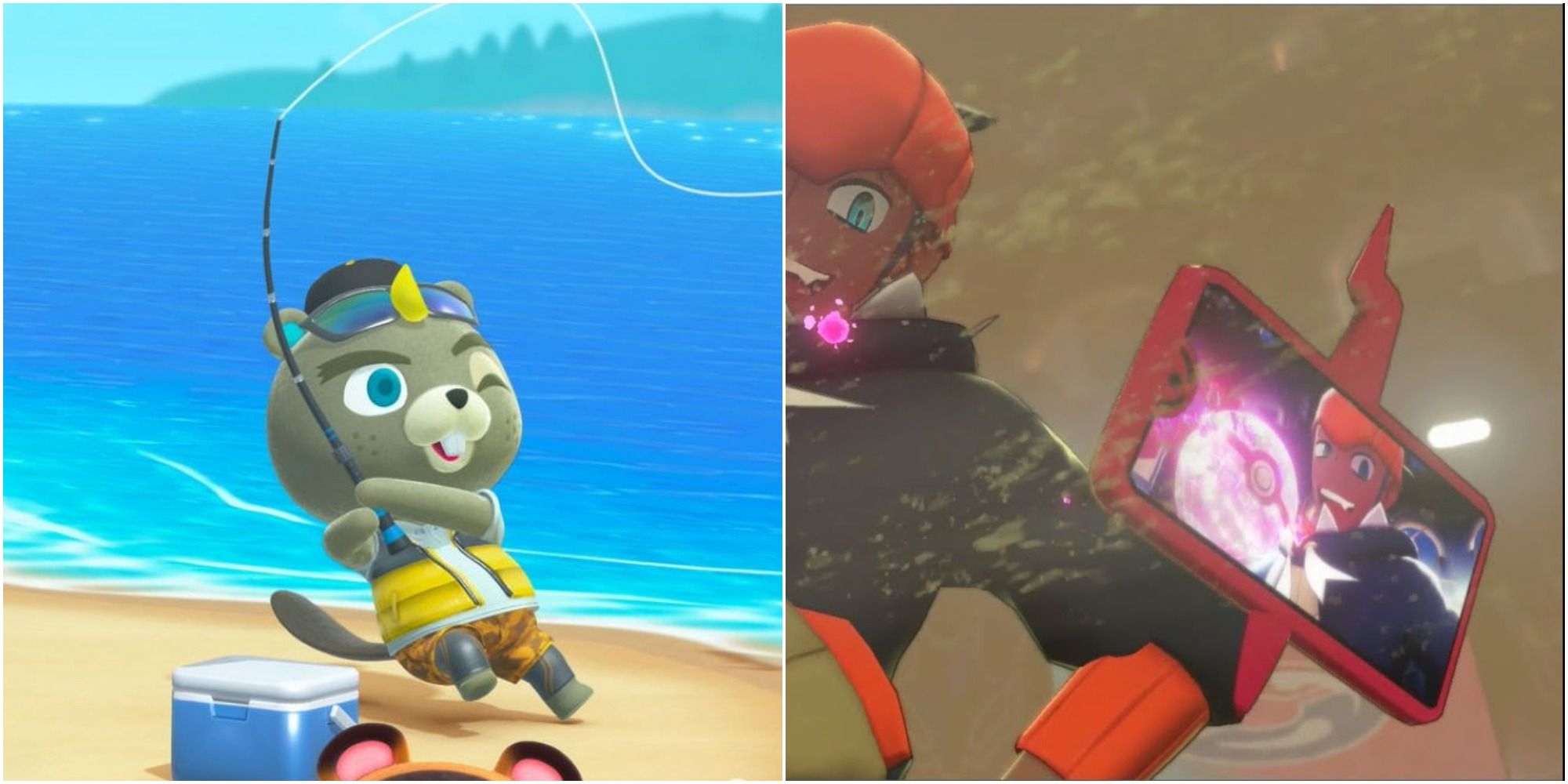 Split image screenshots of C.J. in New Horizons and Rotom Phone taking a photo of Raihan in Pokemon Sword and Shield.