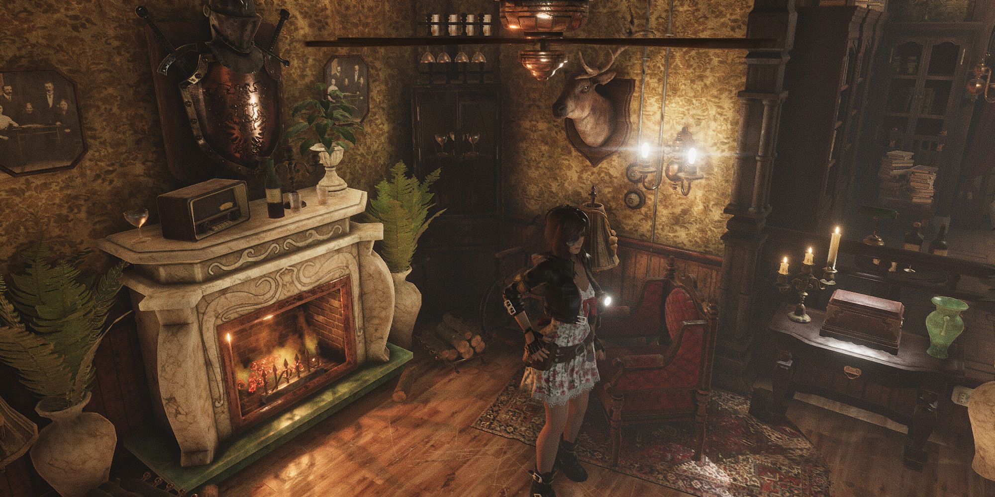 Caroline Stands In A Lit Room With A Fireplace