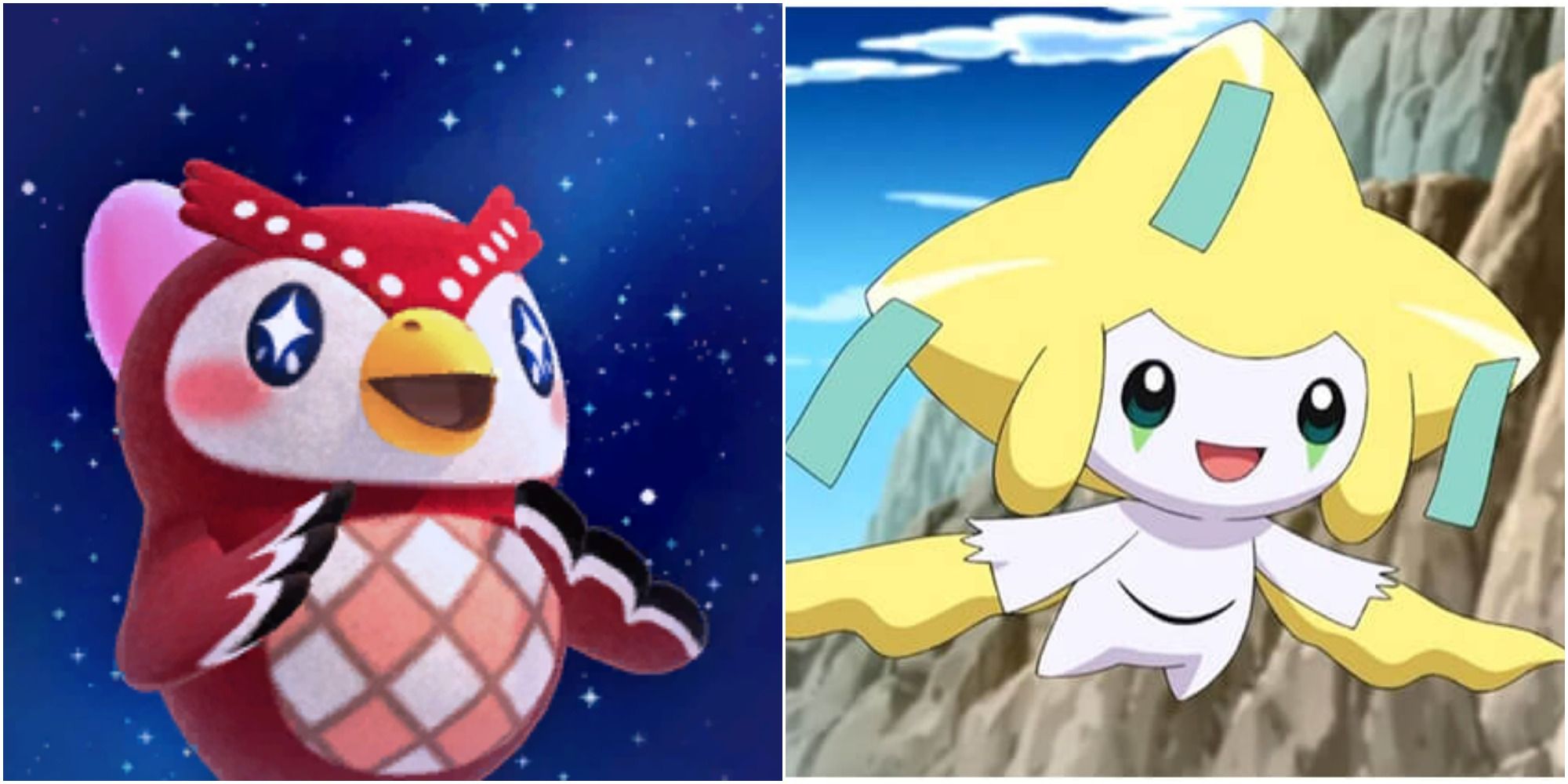Split image screenshots of Celeste in New Horizons and Jirachi in Pokemon.
