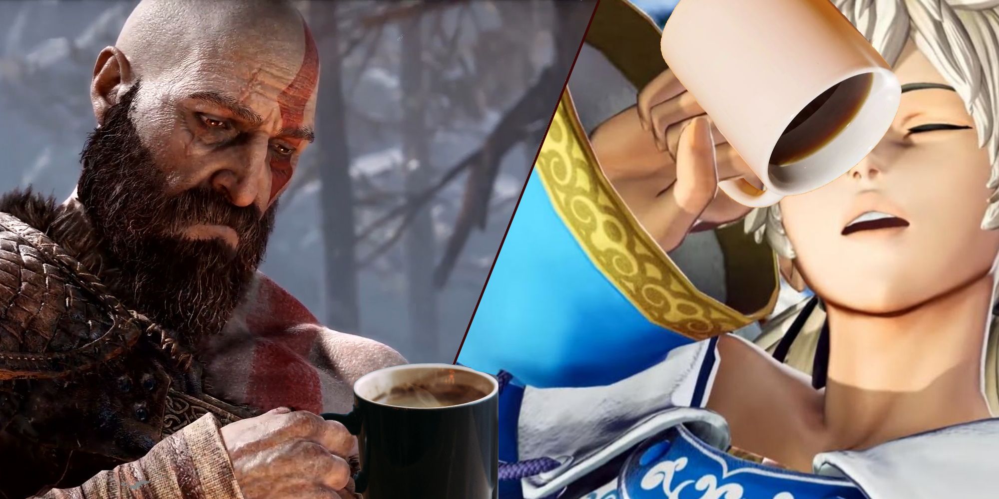 Characters Who Need Coffee Featured Image (showing Kratos and Meitenkun with a delicious cup of coffee)