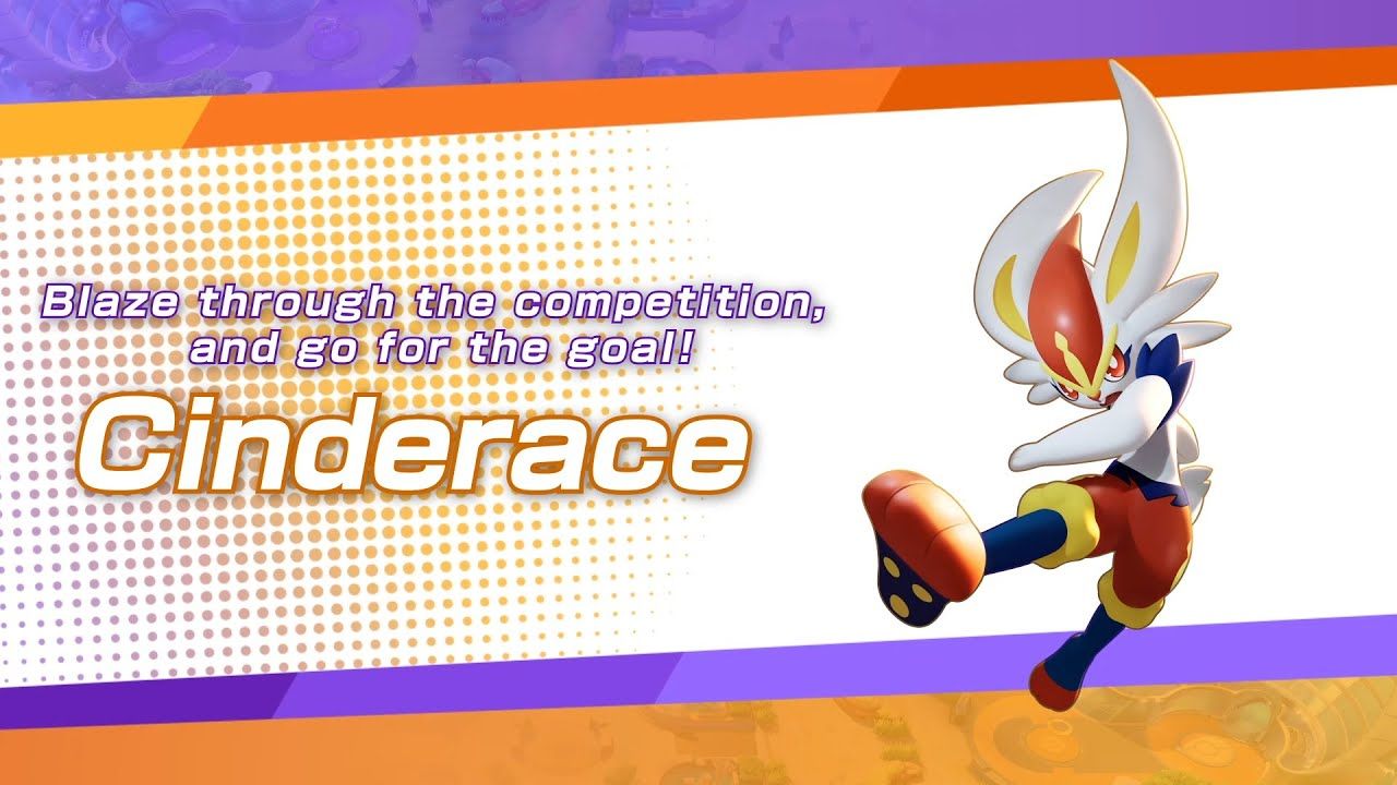 Key art header for Pokemon Unite showing Cinderace and a quote about its playstyle.