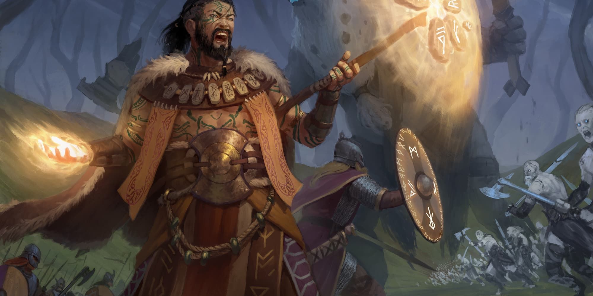 A tattooed cleric casting a spell in his right hand whilst his staff creates a shield