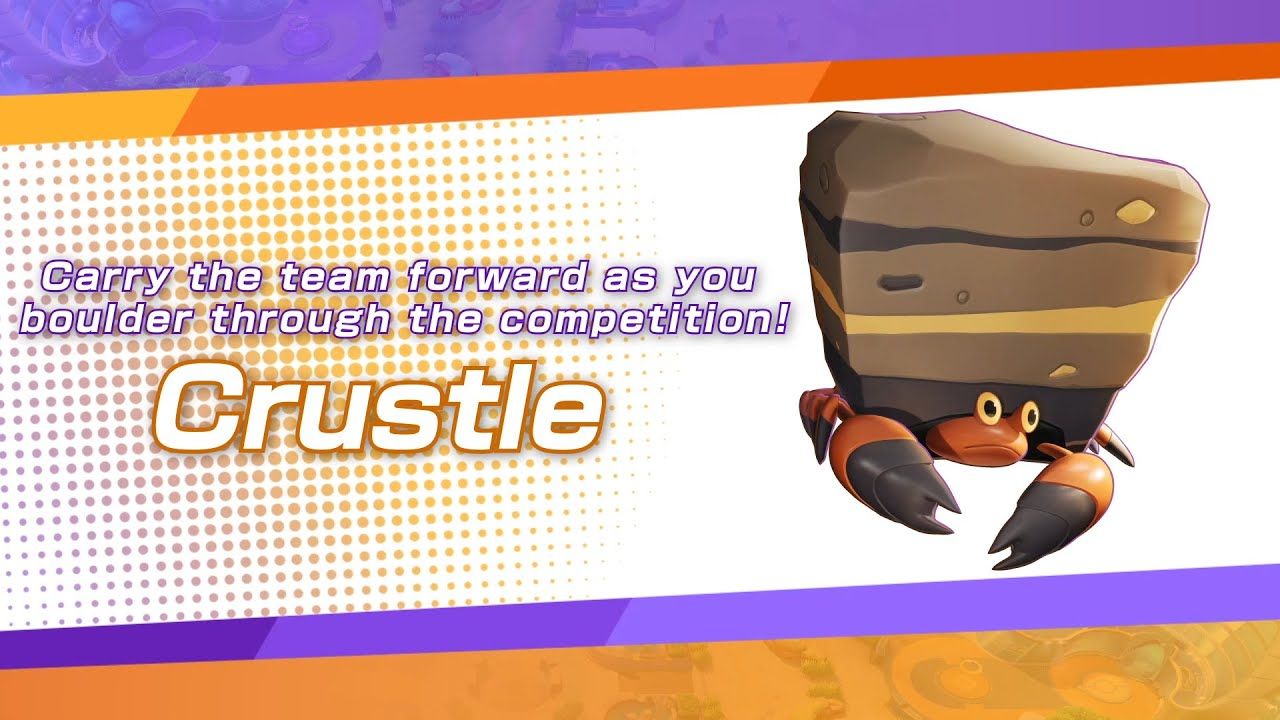 Image showing Crustle from Pokemon Unite with a quote about its playstyle.