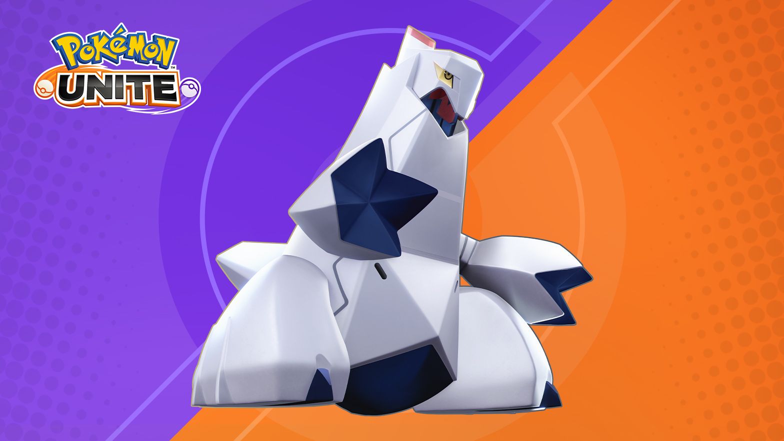  Image of Duraludon and the Pokemon Unite logo on a purple and orange background