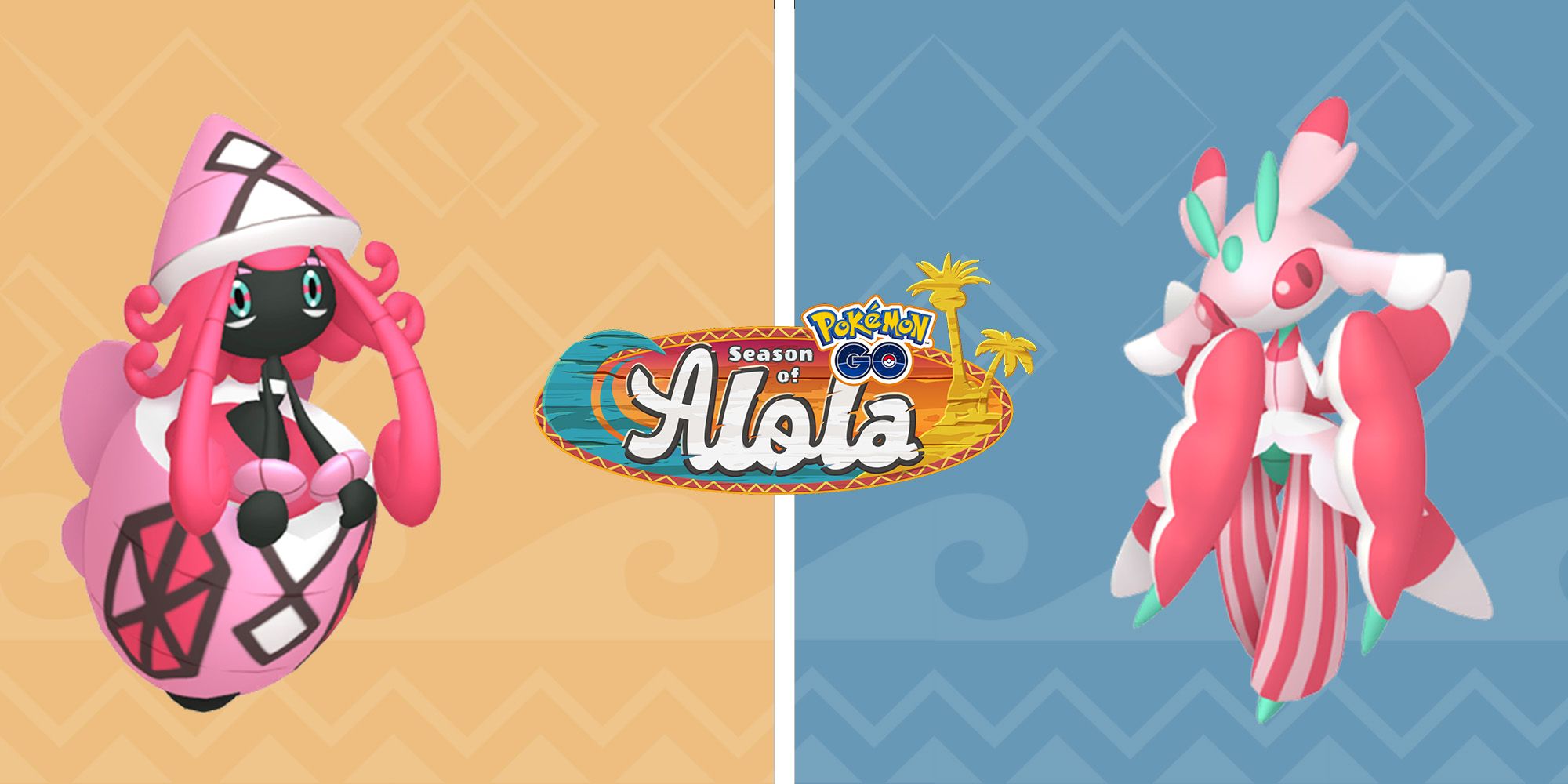 Image showing Tapu Lele and Lurantis with the Season of Alola logo in Pokemon Go