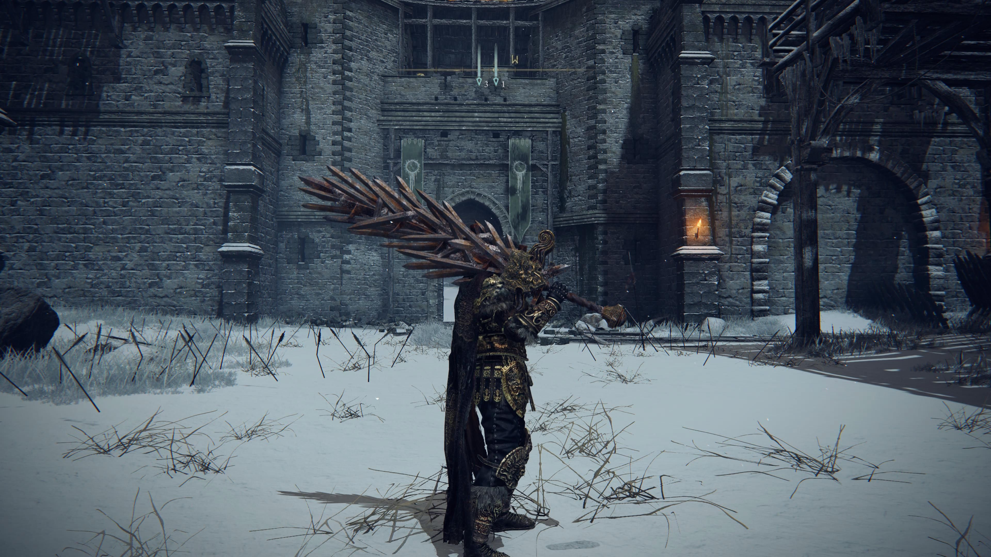 Tarnished holding Grafted Blade Greatsword in a snowy castle