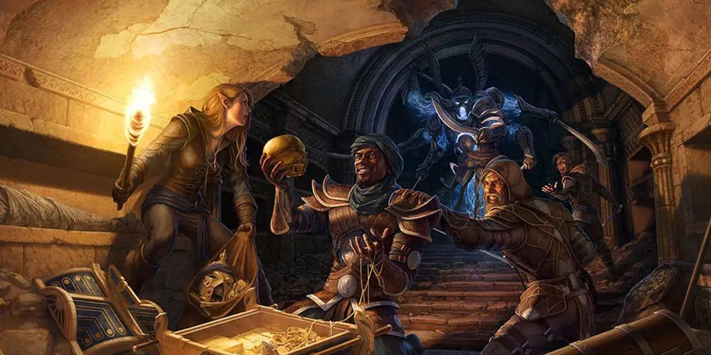 A group of adventurers looting treasure