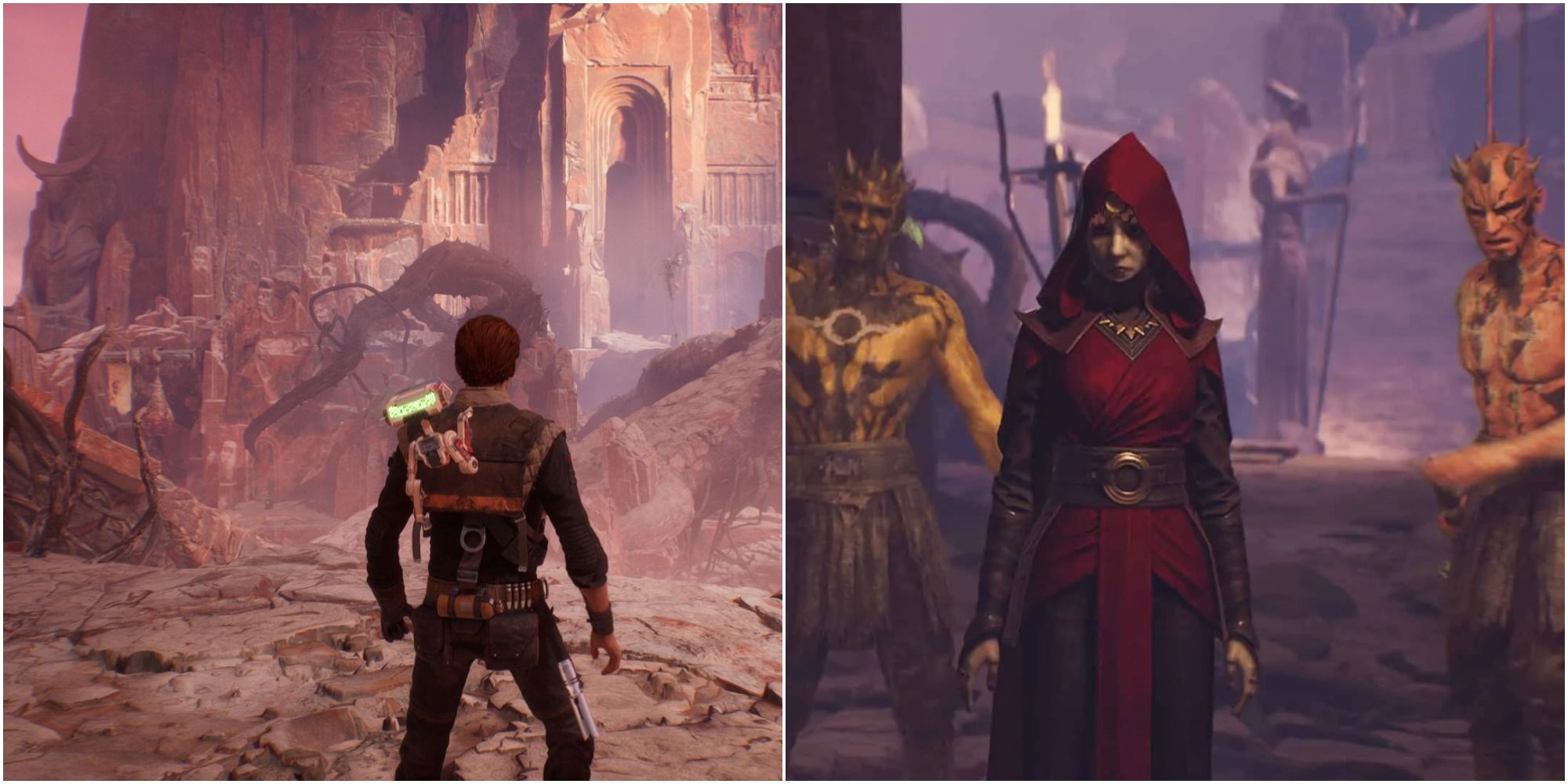 Star Wars Jedi: Fallen Order split image of Dathomir scenery and Merrin with Nightbrothers