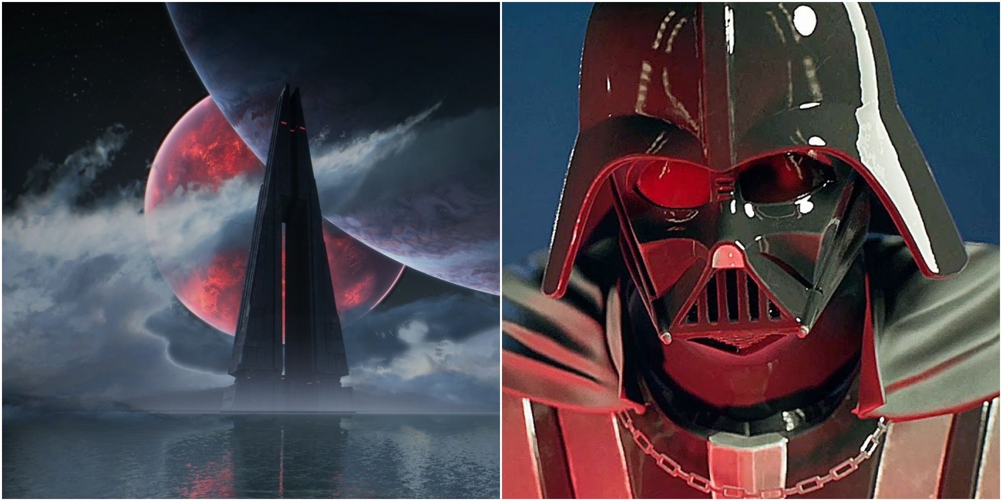 Star Wars Jedi: Fallen Order split image of Fortress Inquisitorius and Darth Vader closer up