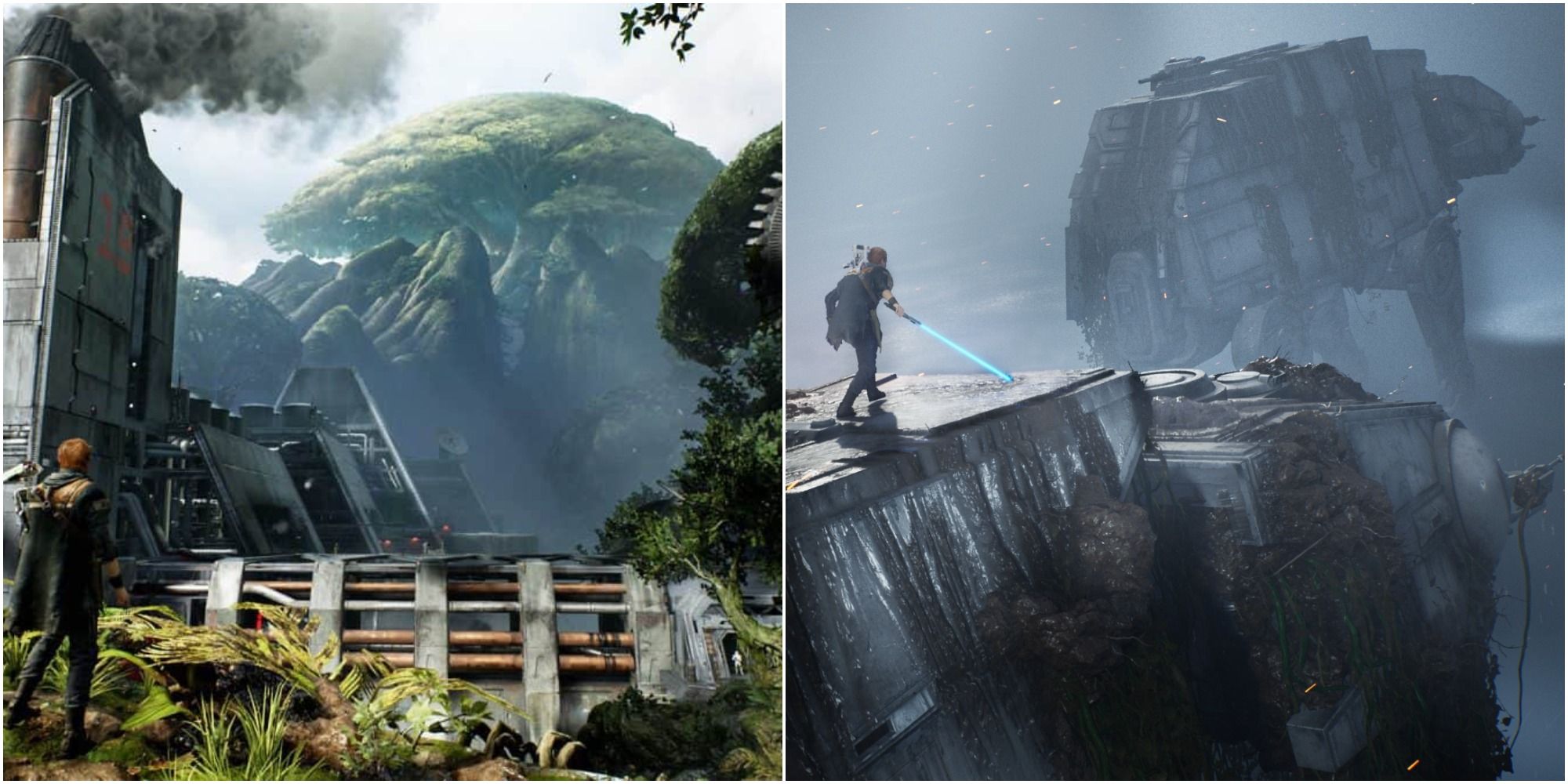 Star Wars Jedi: Fallen Order split image of Kashyyyk great tree and Cal on the back of an AT-AT