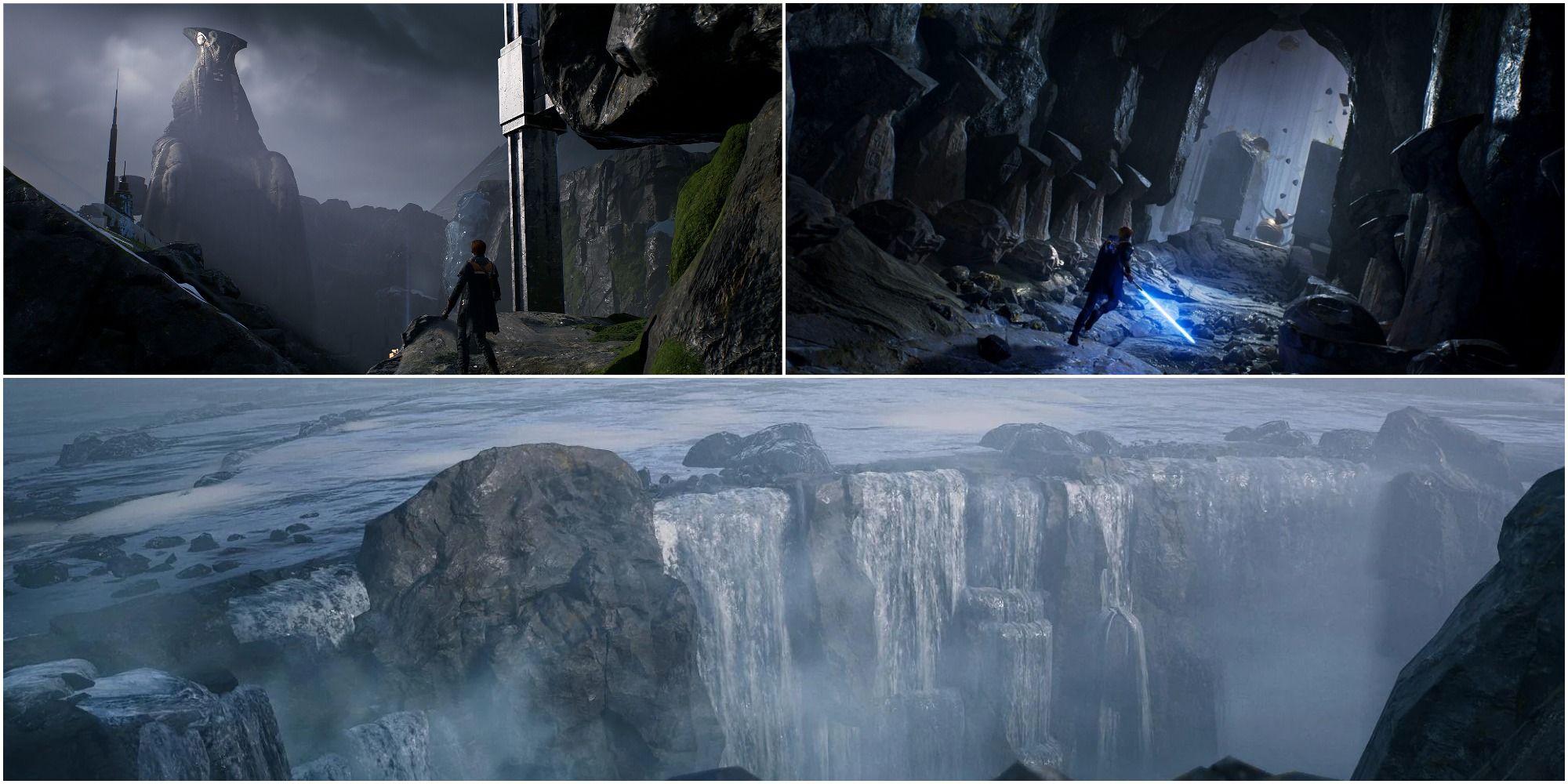 Star Wars Jedi: Fallen Order split image of Zeffo's waterfalls, giant statue and underground tomb of Eilram