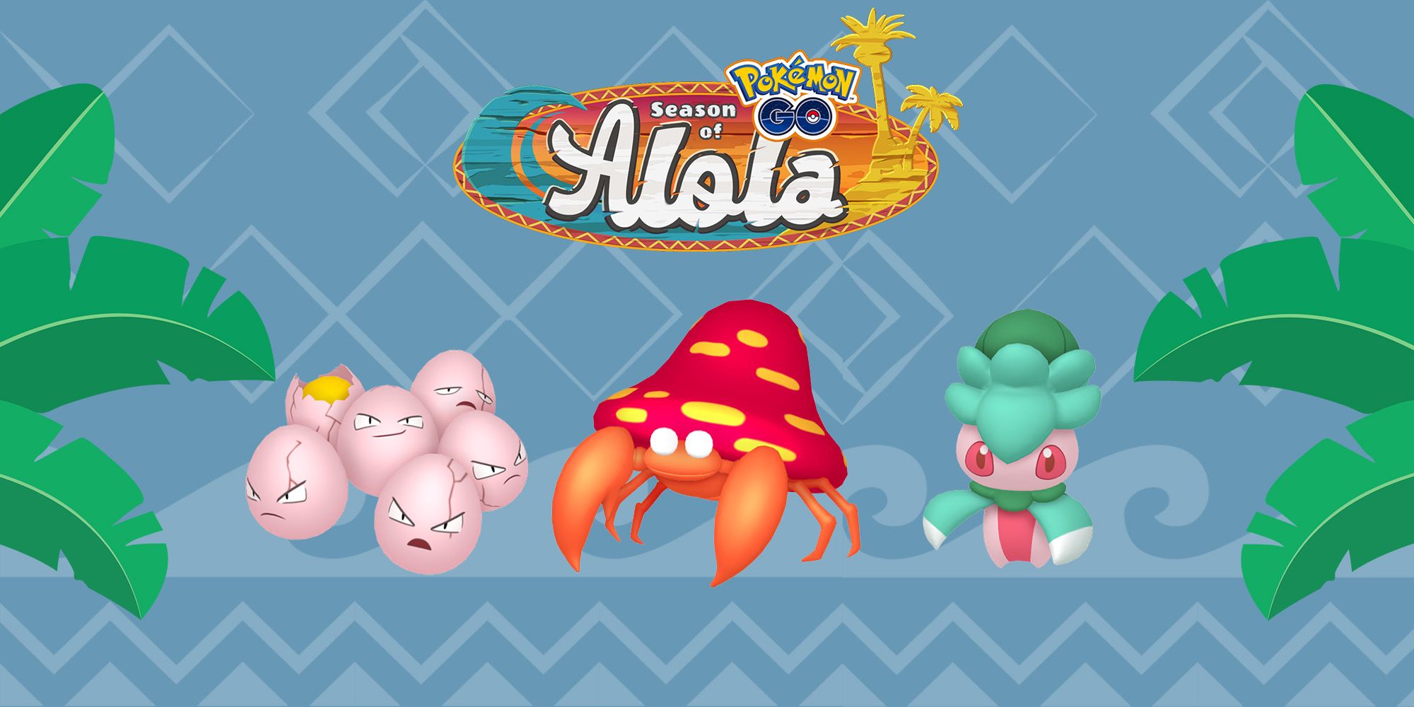 Image showing Exeggcute, Parasect, and Fomantis with the Season of Alola logo in Pokemon Go