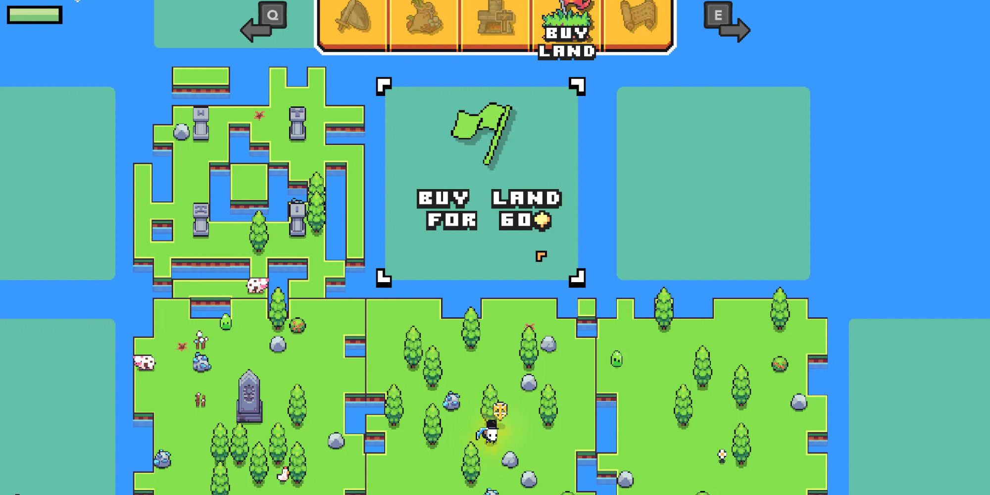A player in Forager buying new land to expand into