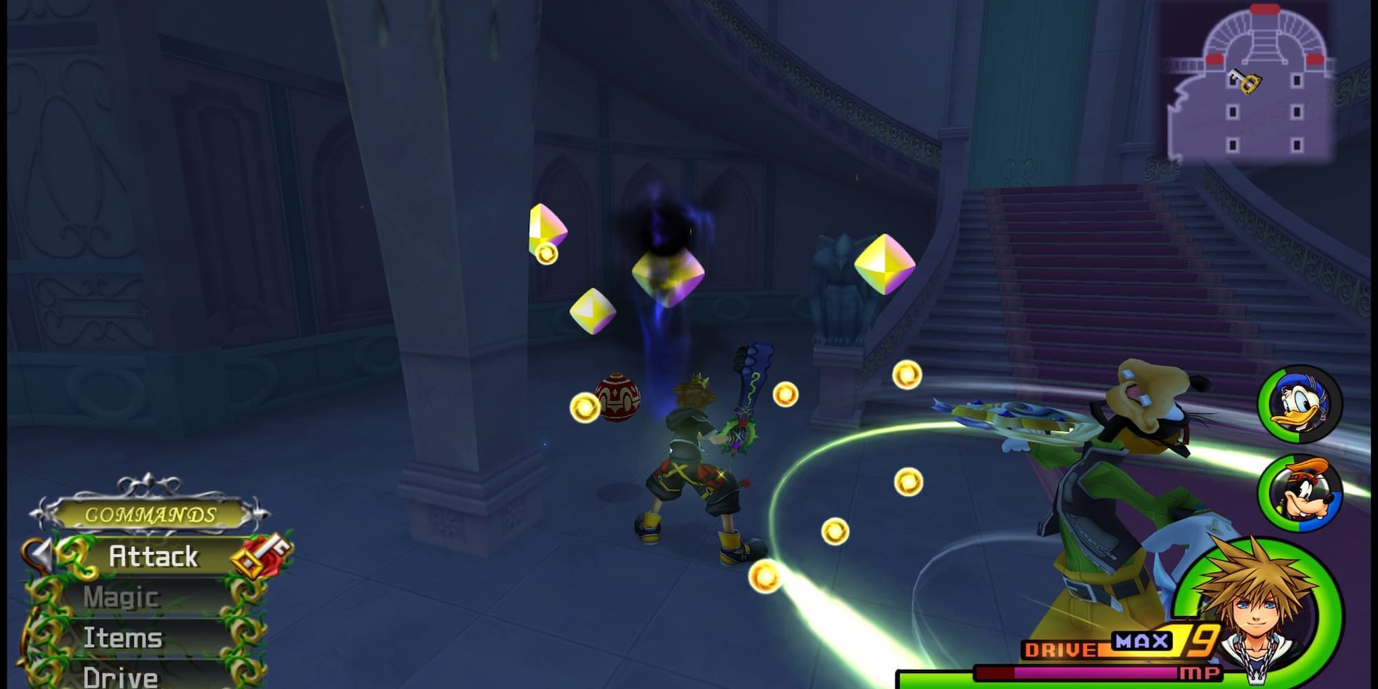 Goofy spinning whilst Sora defeats a Heartless