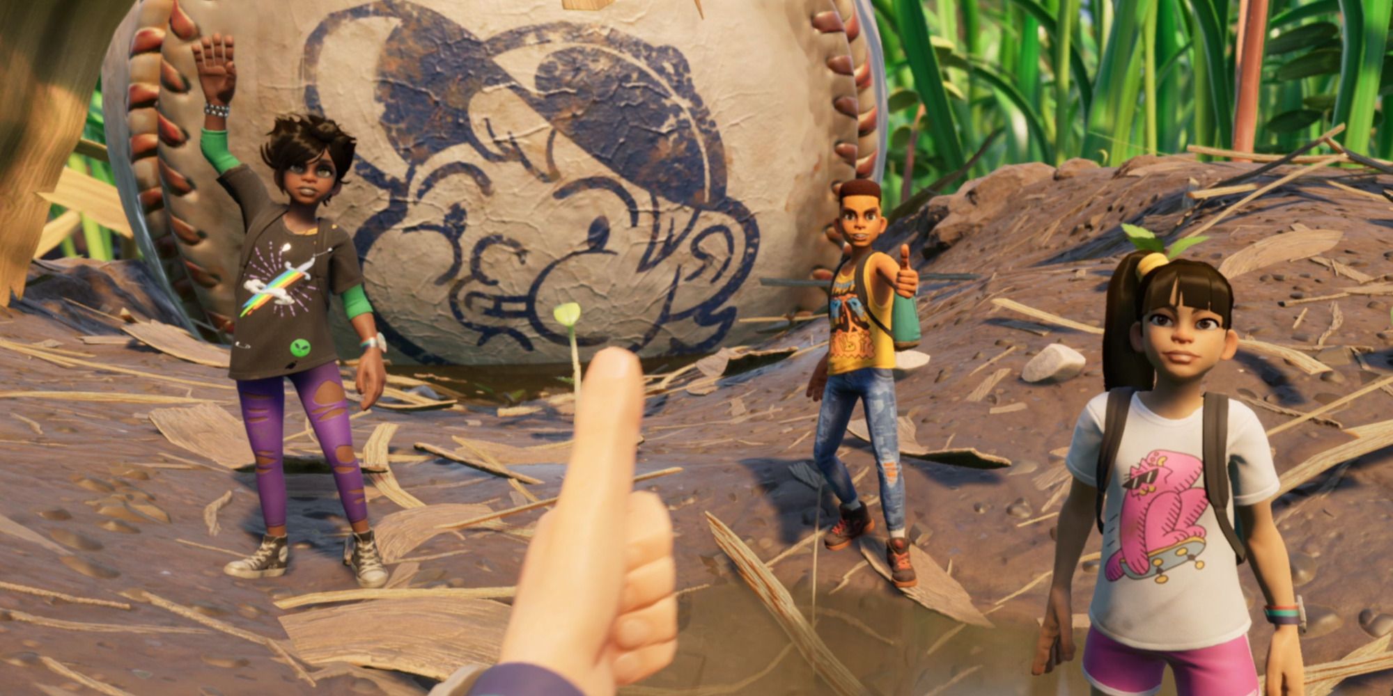 a player giving a thumbs up to other player in Grounded 