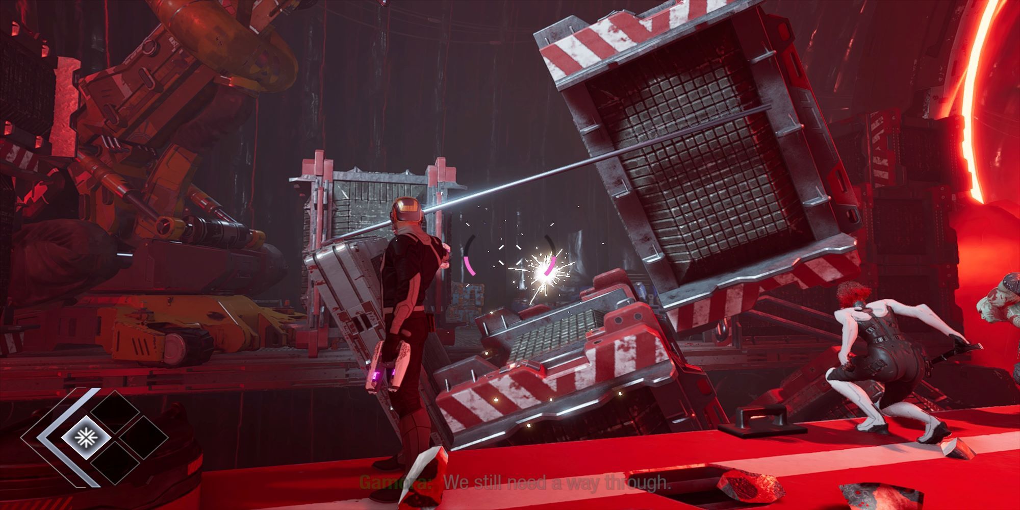 Star-Lord Shooting Down Crates, Gamora Jumping