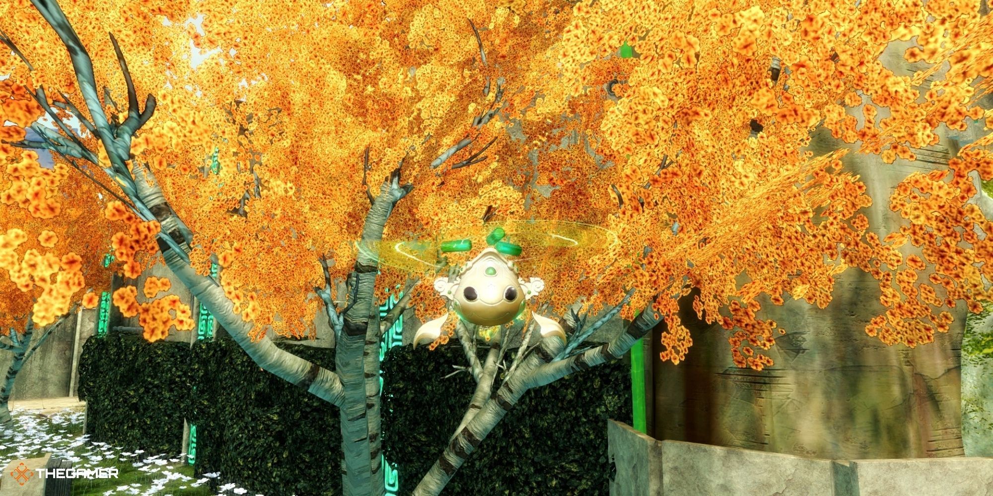 Guild Wars 2 End of Dragons - Jade Bot flying near some trees