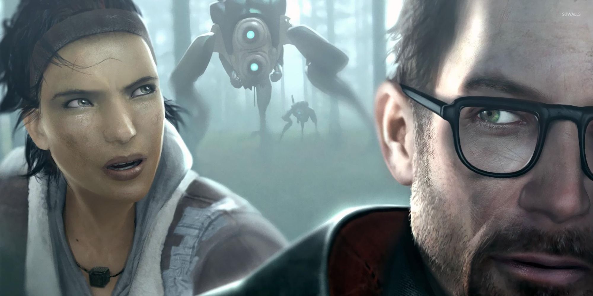 Half Life 2 Episode 2 art with Gordon front right, Alyx back left, and some bots in back middle