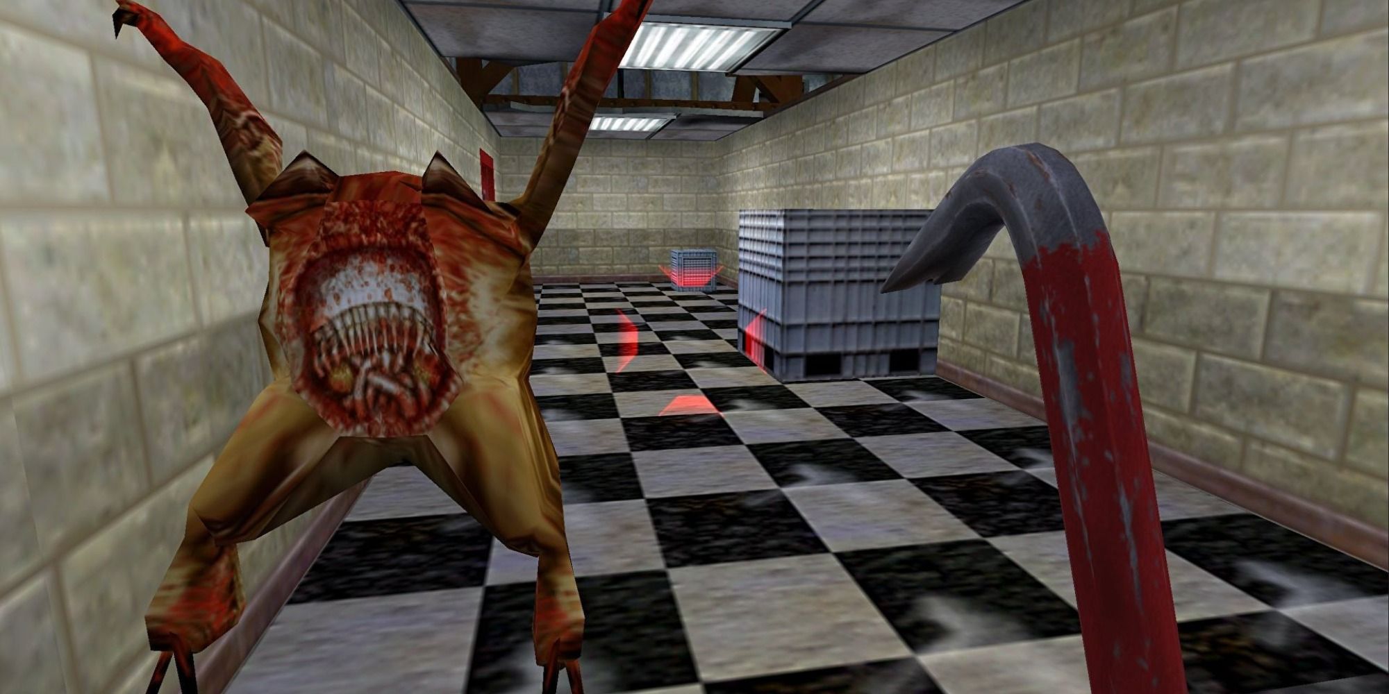 Half Life, crowbar and head crab with checkered floor