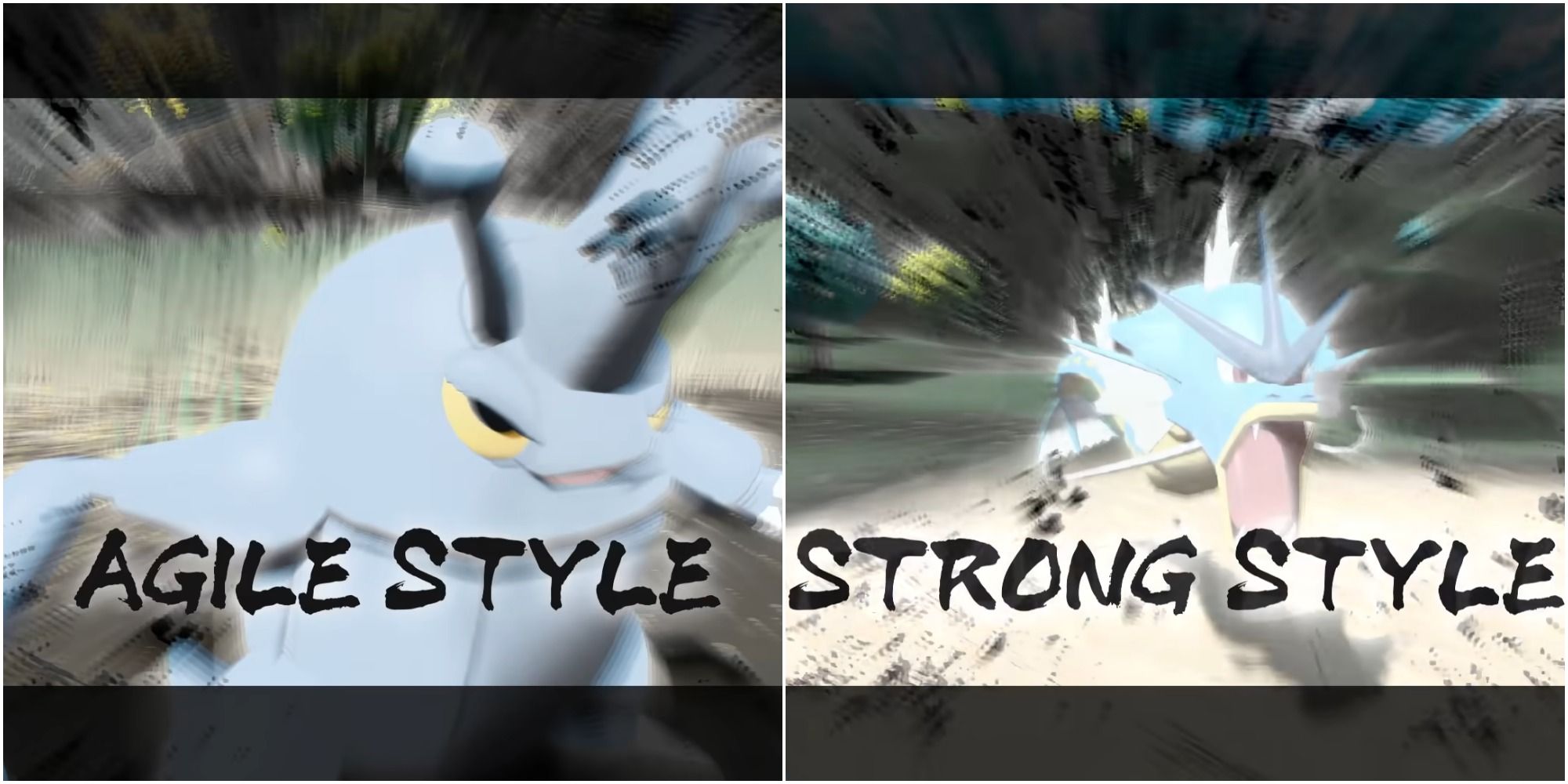 A split image of Heracross performing an Agile Style move and Gyarados performing a Strong Style move in Pokemon Legends: Arceus.