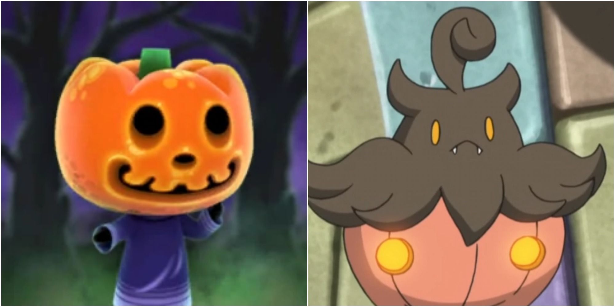 Split image screenshots of Jack in New Horizons and Pumpkaboo in Pokemon.
