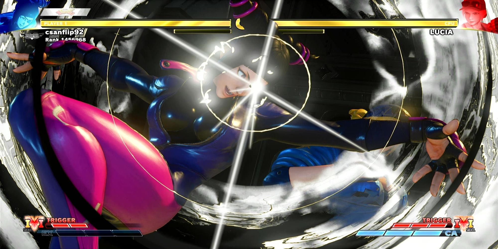 Juri initiates her Sakkai Fuhazan critical art in a battle at the Shadaloo Base. Street Fighter 5.