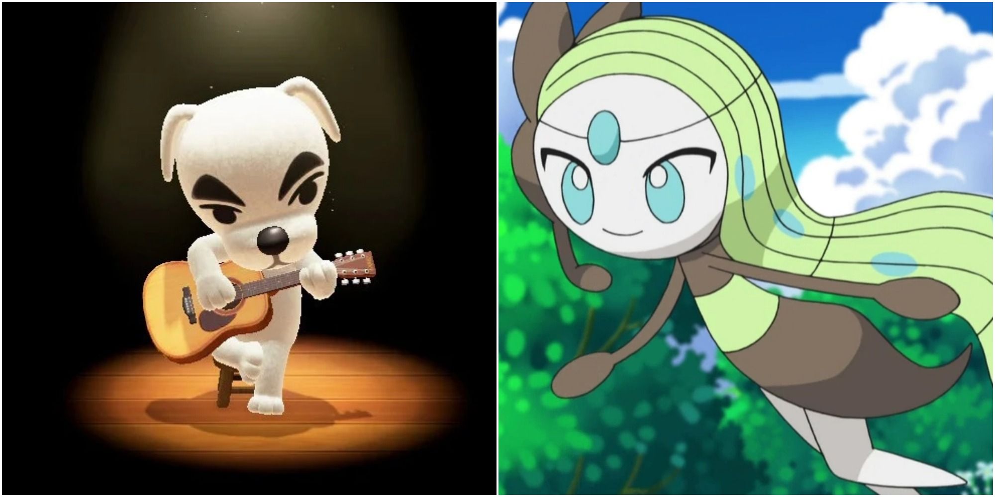 Split image screenshots of K.K. Slider playing his guitar in New Horizons and Meloetta in Pokemon.