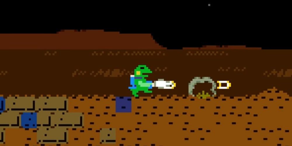 A screenshot of Kaeru shooting his blaster in Kero Blaster.