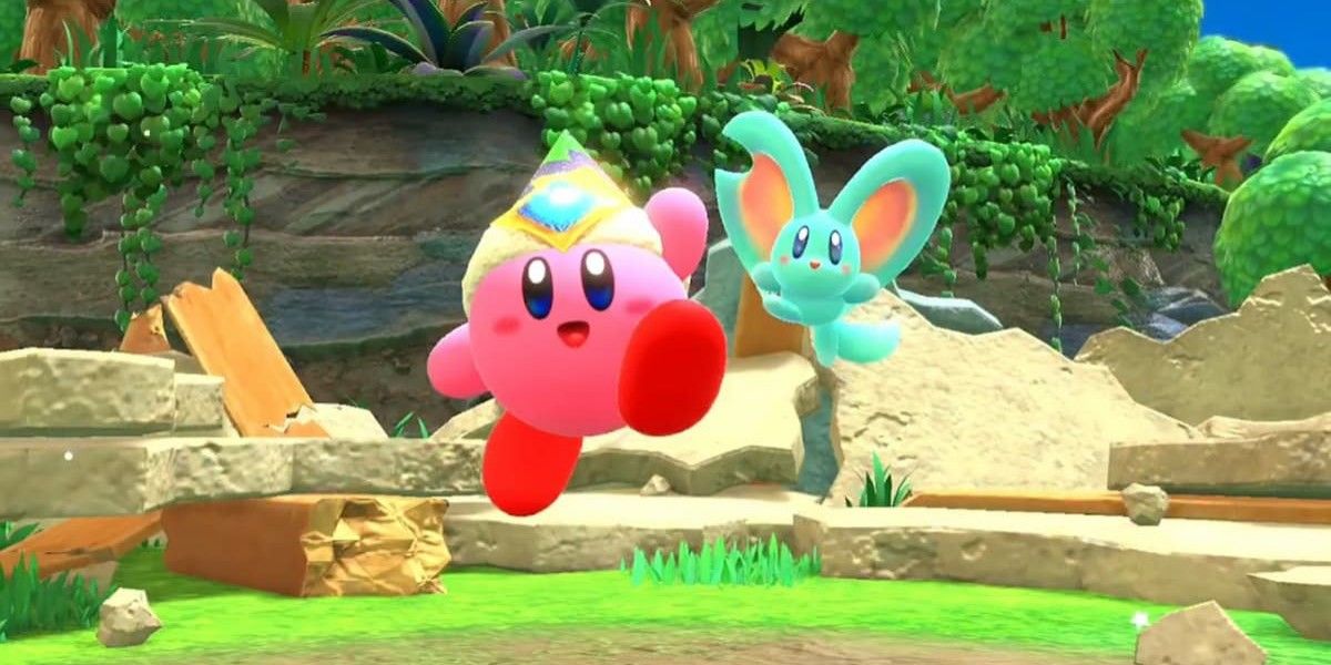 Kirby and the Forgotten Land kirby and elfilin jumping screenshot