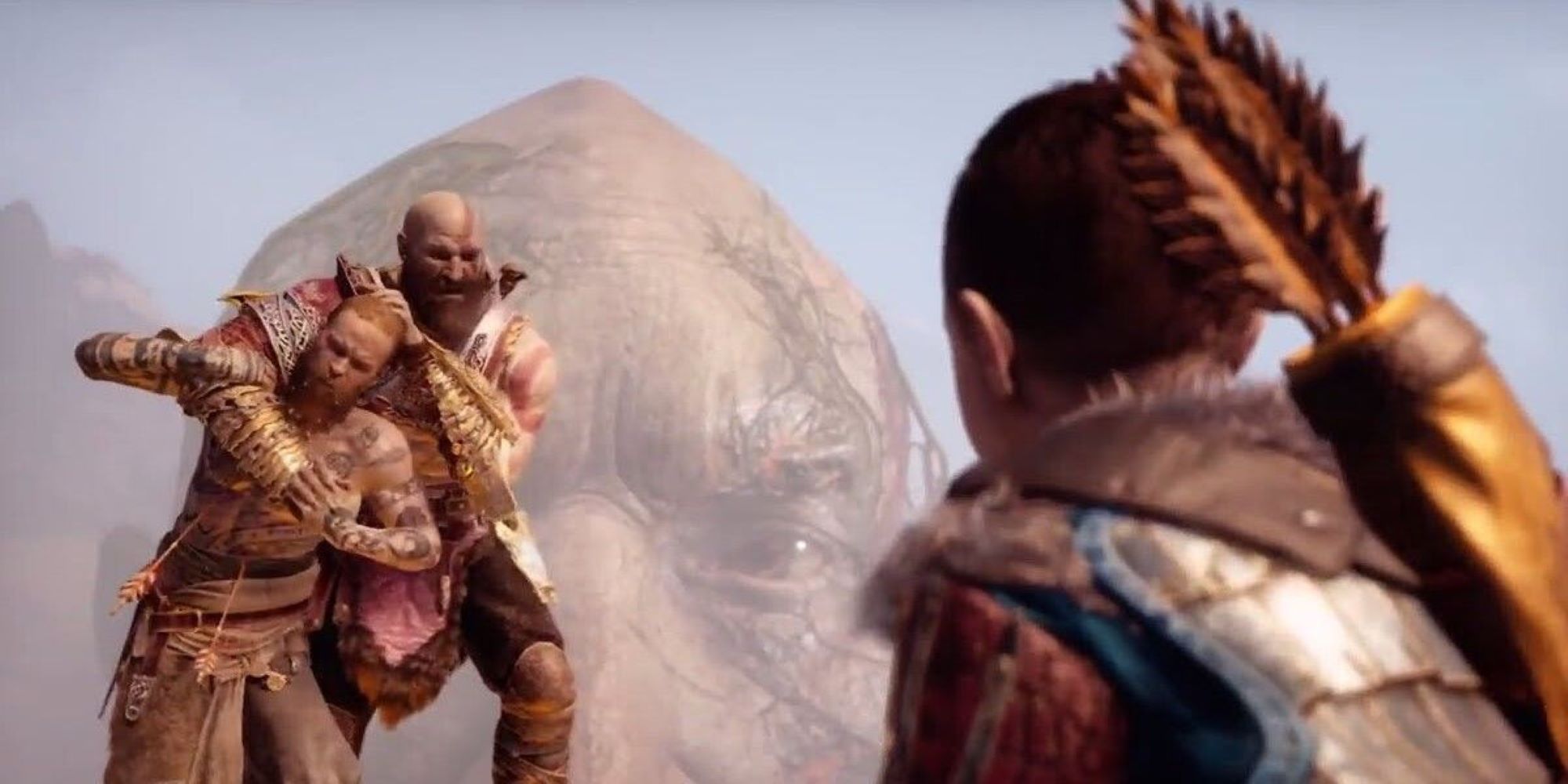 Kratos Wrestling Baldur With Atreus