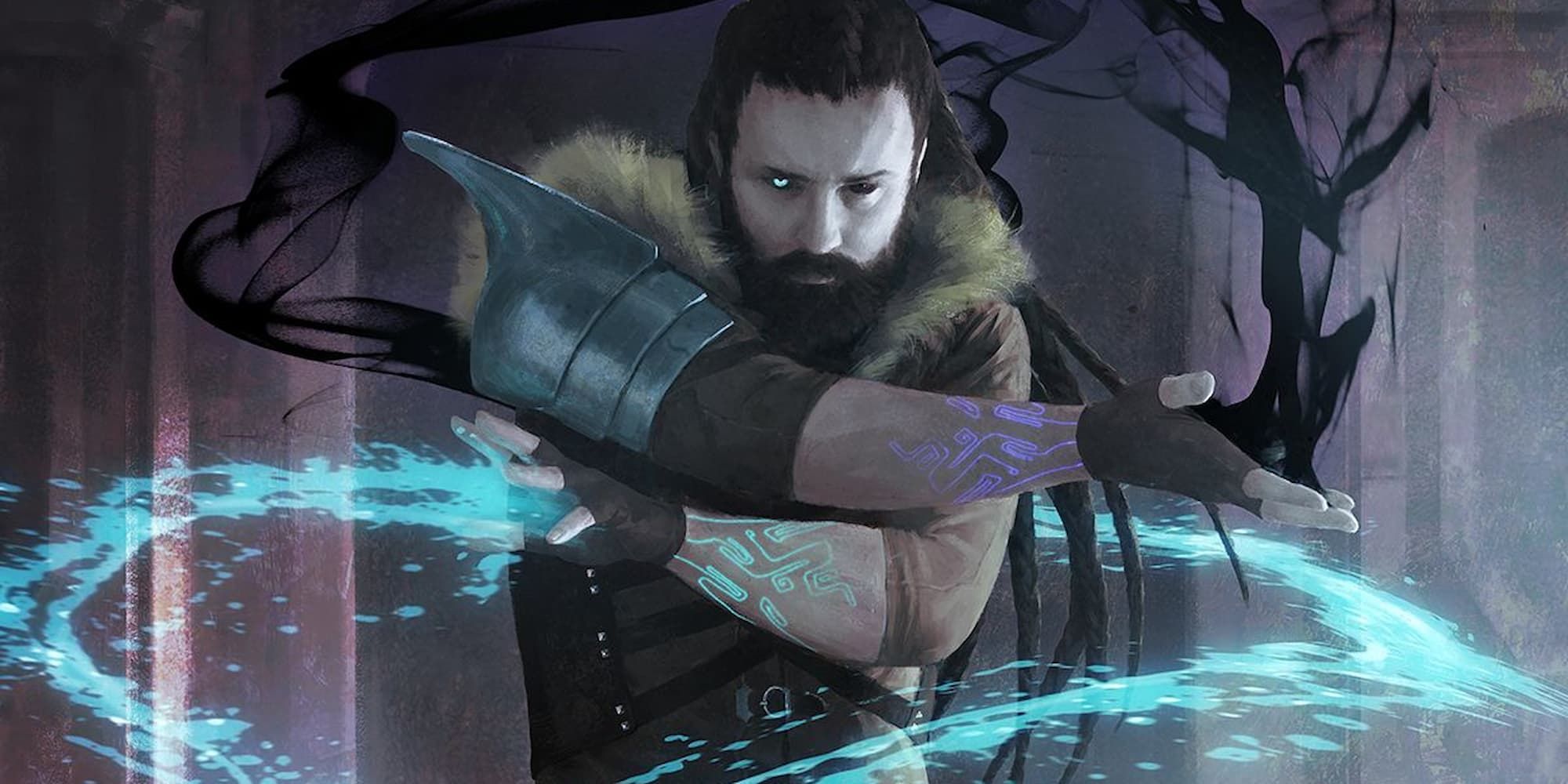 A sorcerer casting a shadow spell and an ice spell