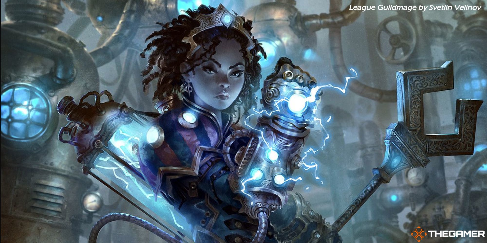 League Guildmage from Ravnica by Svetlin Velinov. A young inventor wears her electric-sparking gauntlet in her steampunk workshop.