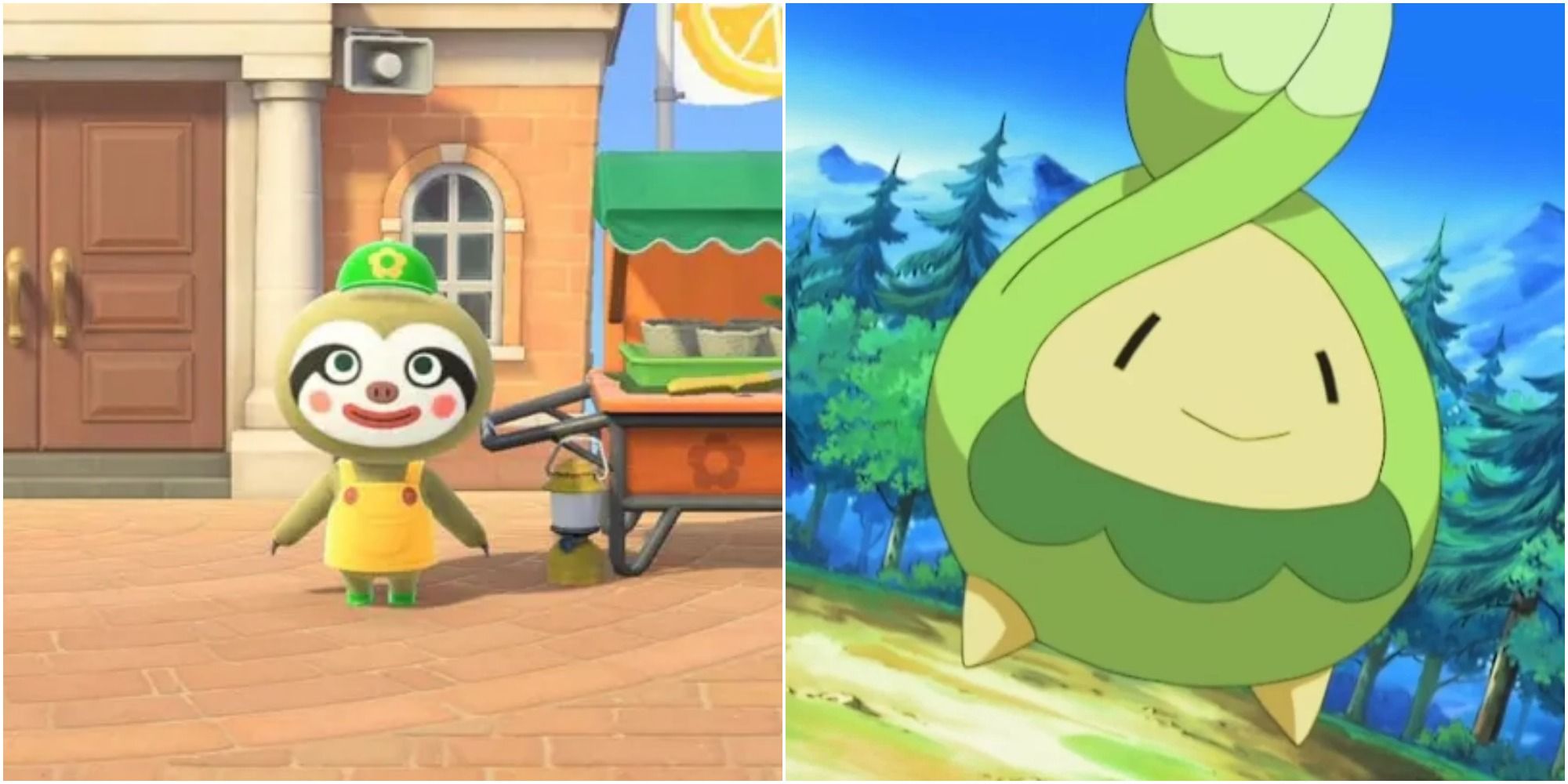 Split image screenshots of Leif in New Horizons and Budew in Pokemon.