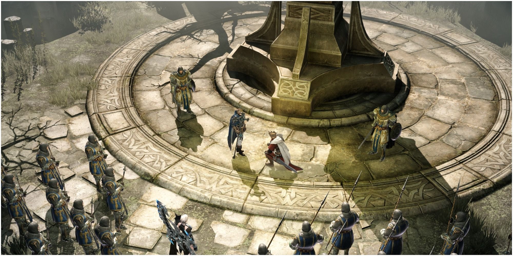 Lost Ark Armen shining light upon Thirain while crowning him king with onlooking soldiers and player-character