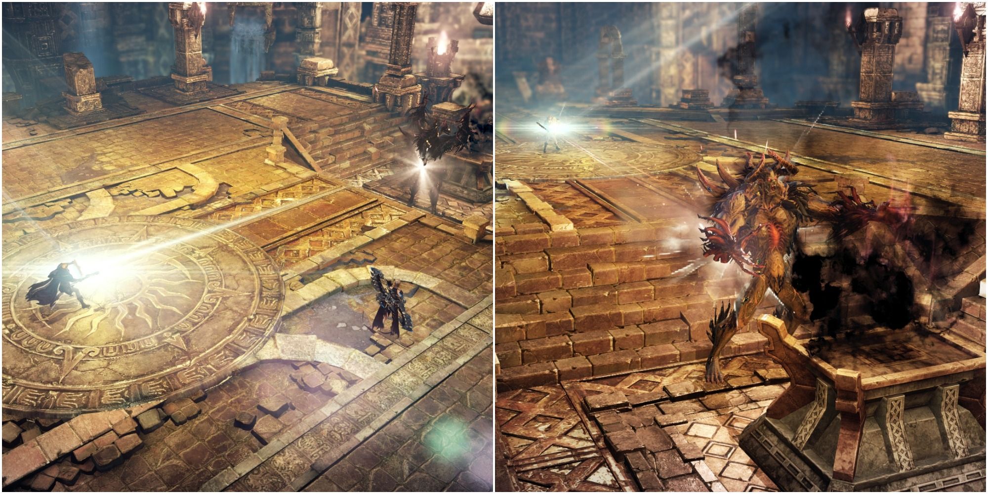 Lost Ark split image Armen shining light on demon Thanatos with golden mirror