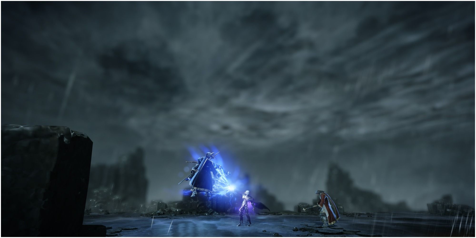 Lost Ark Armen electrocuting priest-soldiers with dark clouds and rain in the background