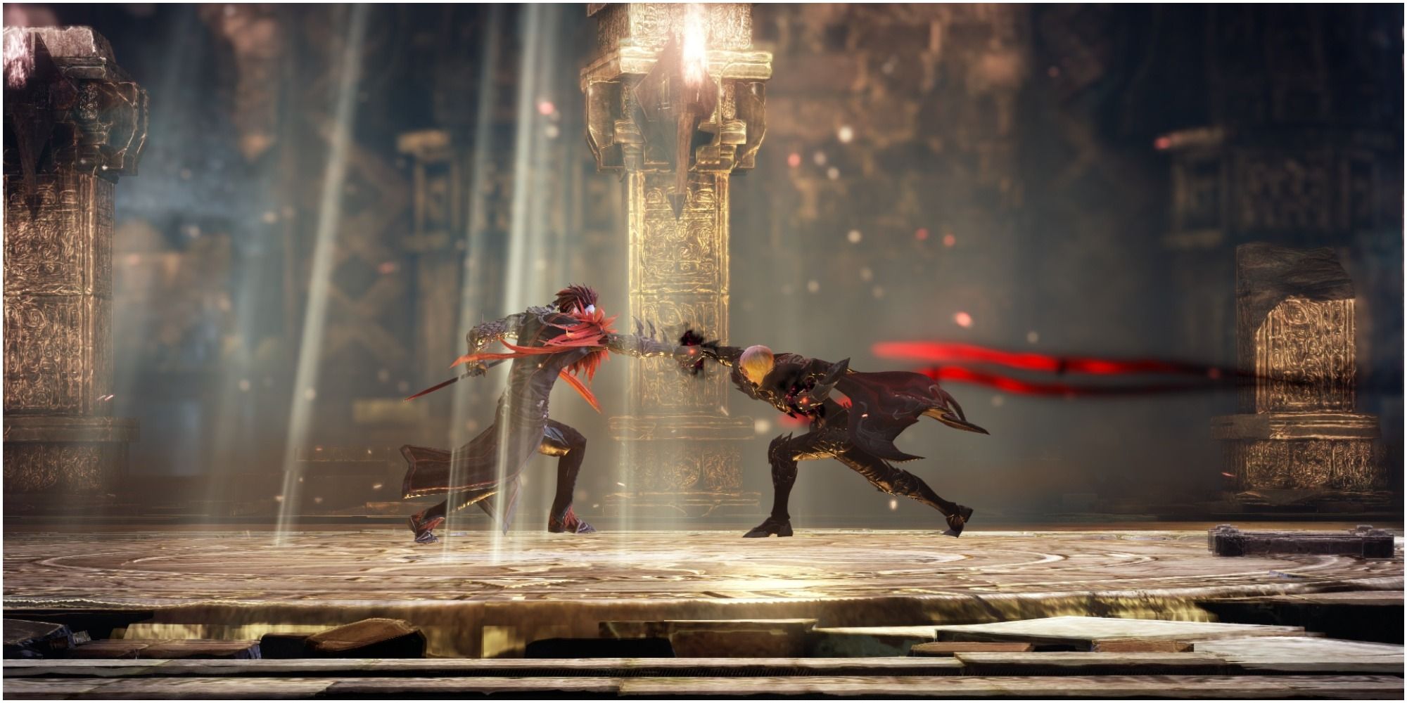 Lost Ark Kharmine and Armen throwing a punch at each other beneath rays of shining light