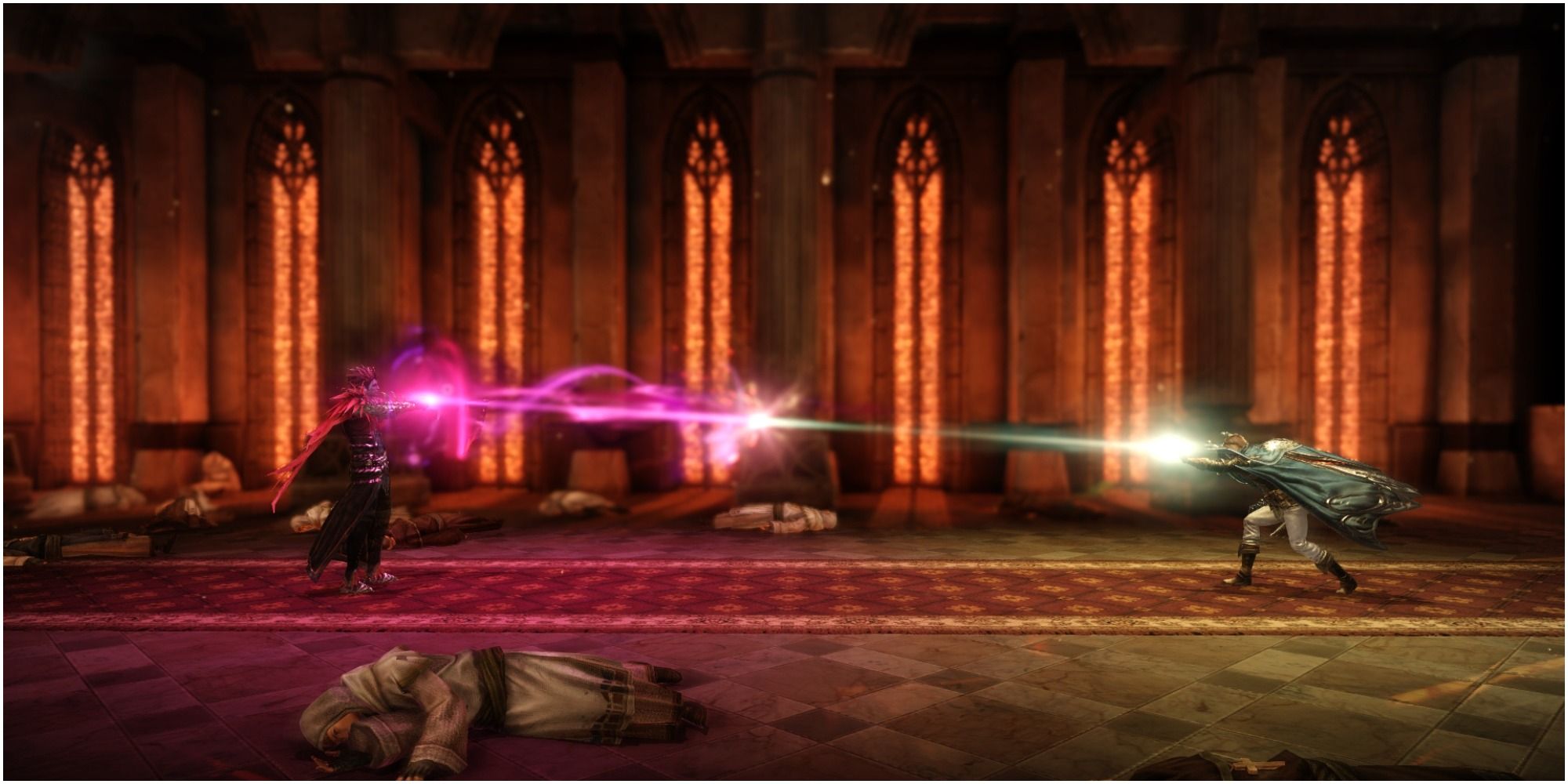 Lost Ark Kharmine shooting light purple beam and Armen shooting light beam at each other
