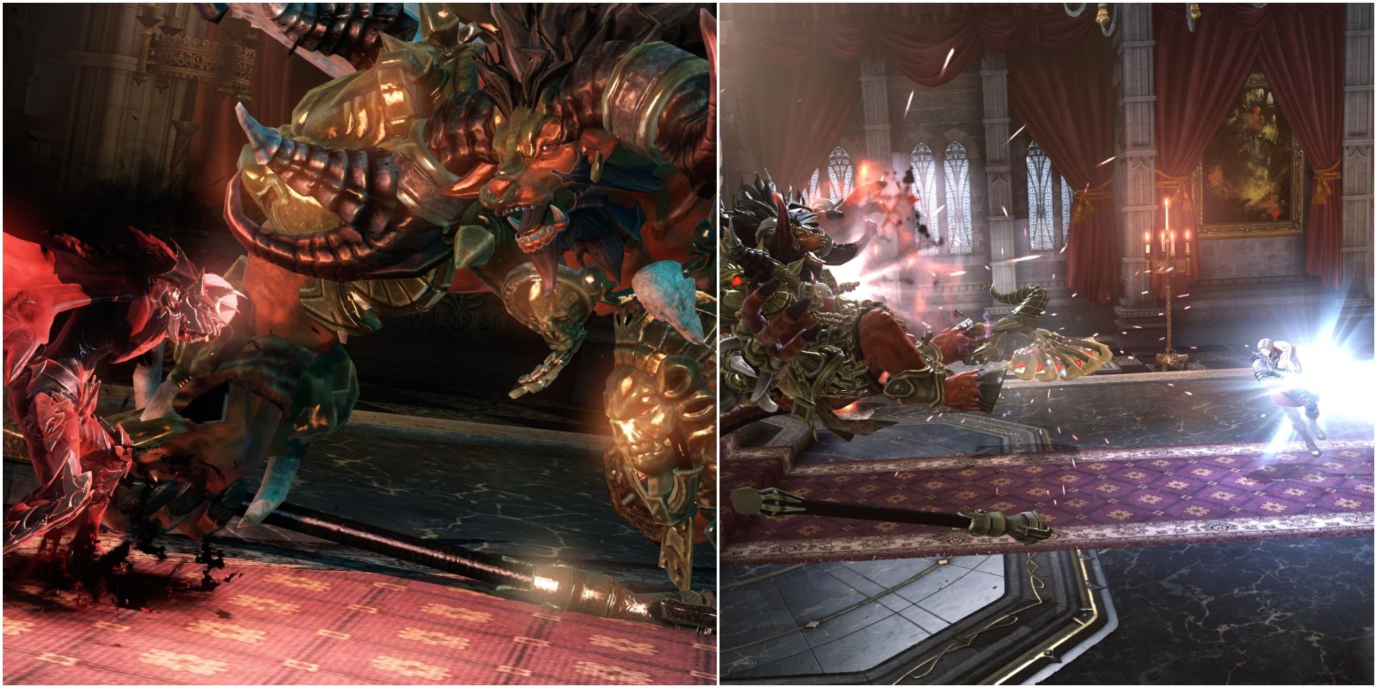 Lost Ark split imagine demonic Armen facing Valtan and Thirain with glowing sword fighting Valtan