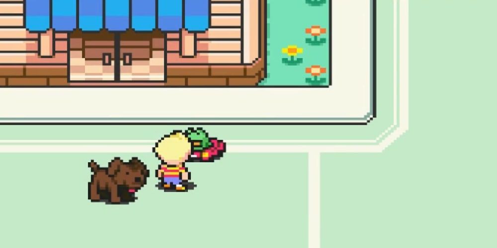 A screenshot of Lucas and Boney talking to a frog in a red car in Mother 3.