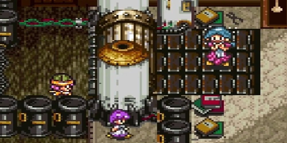 A screenshot of Lucca and Young Lucca watching their mother get stuck in a malfunctioning invention in Chrono Trigger.