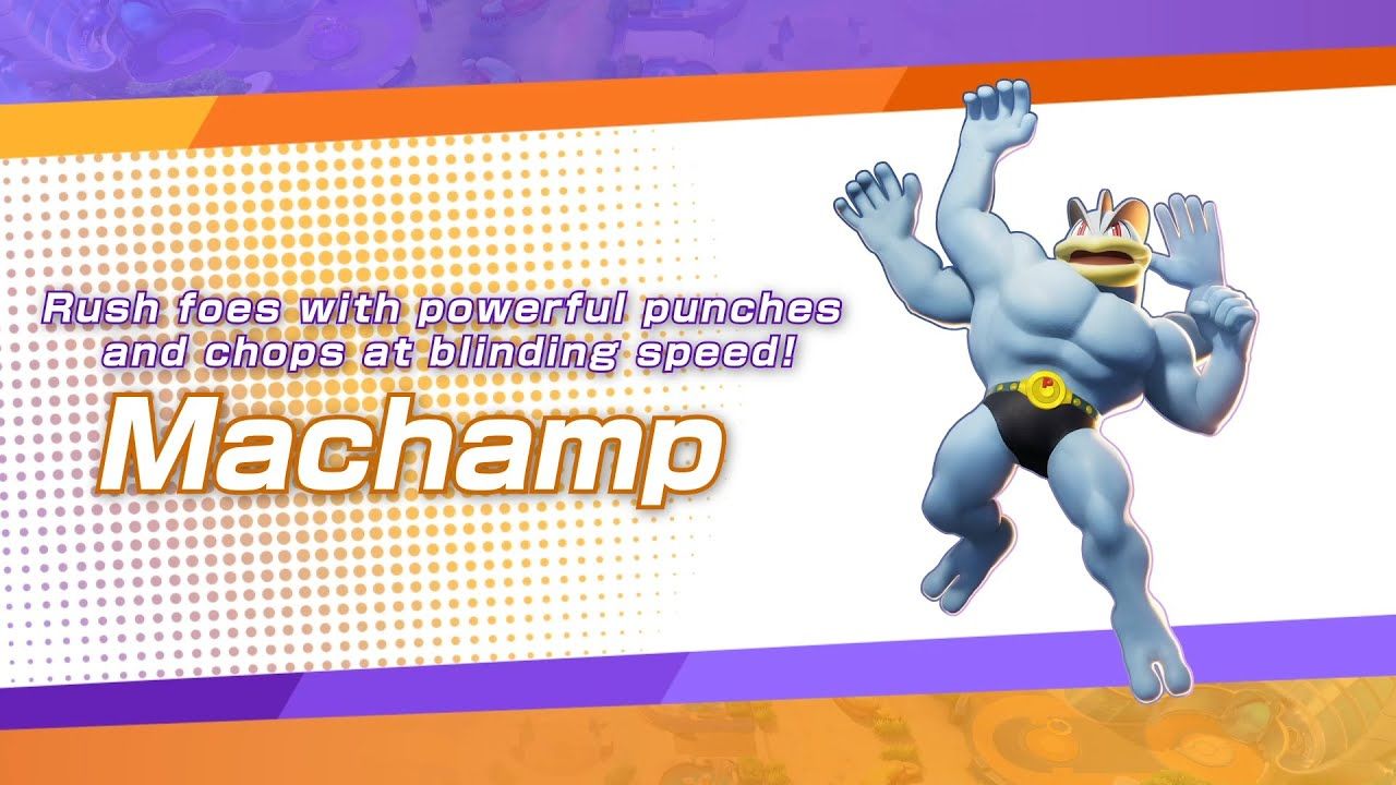 Promotional Pokemon Unite header showing Machamp and a quote about his playstyle.