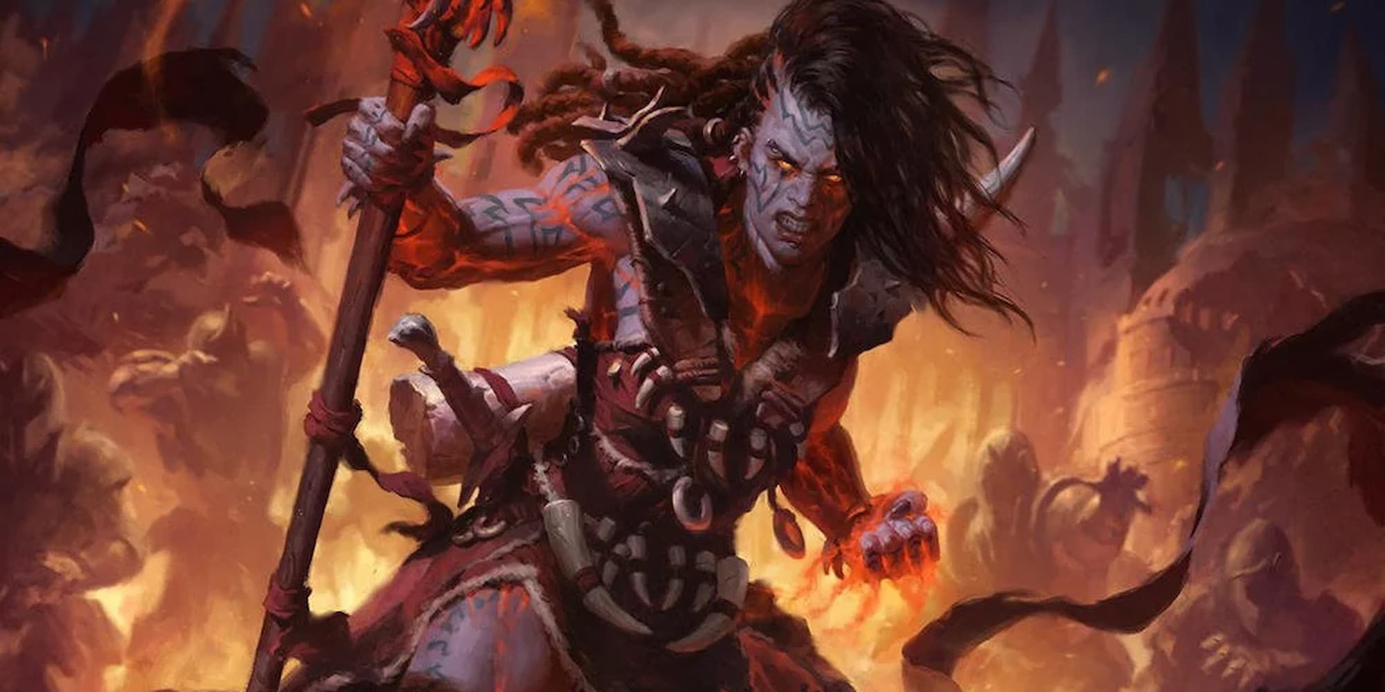 A warrior raging with a sea of fire behind them
