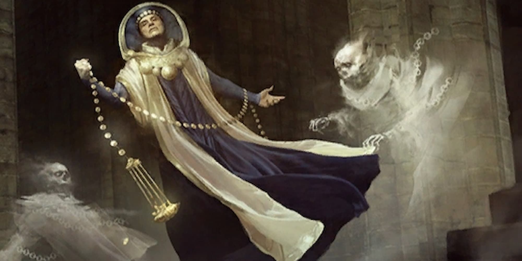 A priest using a censer to cleanse a room with two ghosts